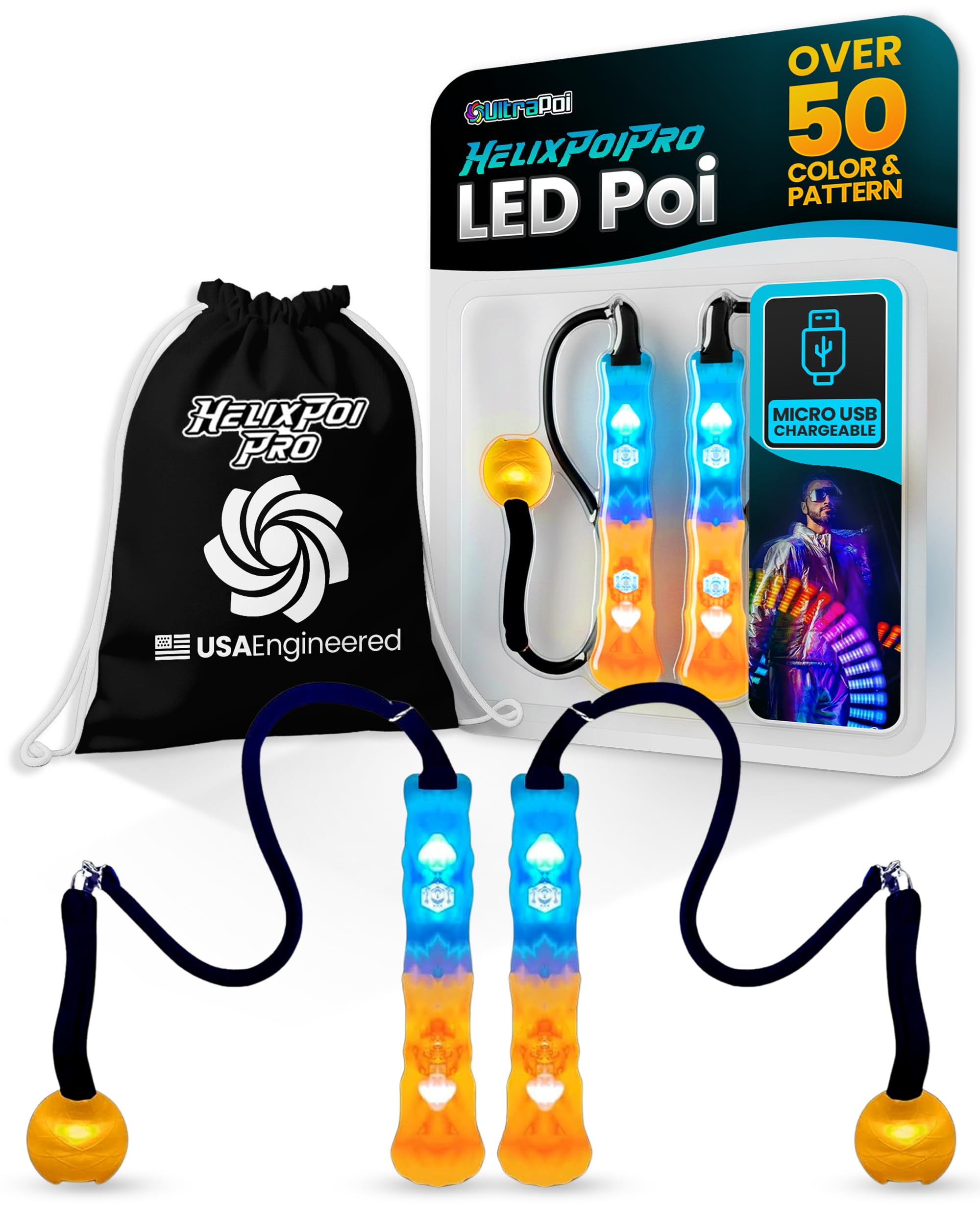 HelixPoi Pro Set – Rechargeable LED Poi w/ 50+ Color Modes – Spinning Light Flow Toys w/LED Knob Handles, Soft Cases & Adjustable Leashes – Visual Poi for Rave, Parties & Performance