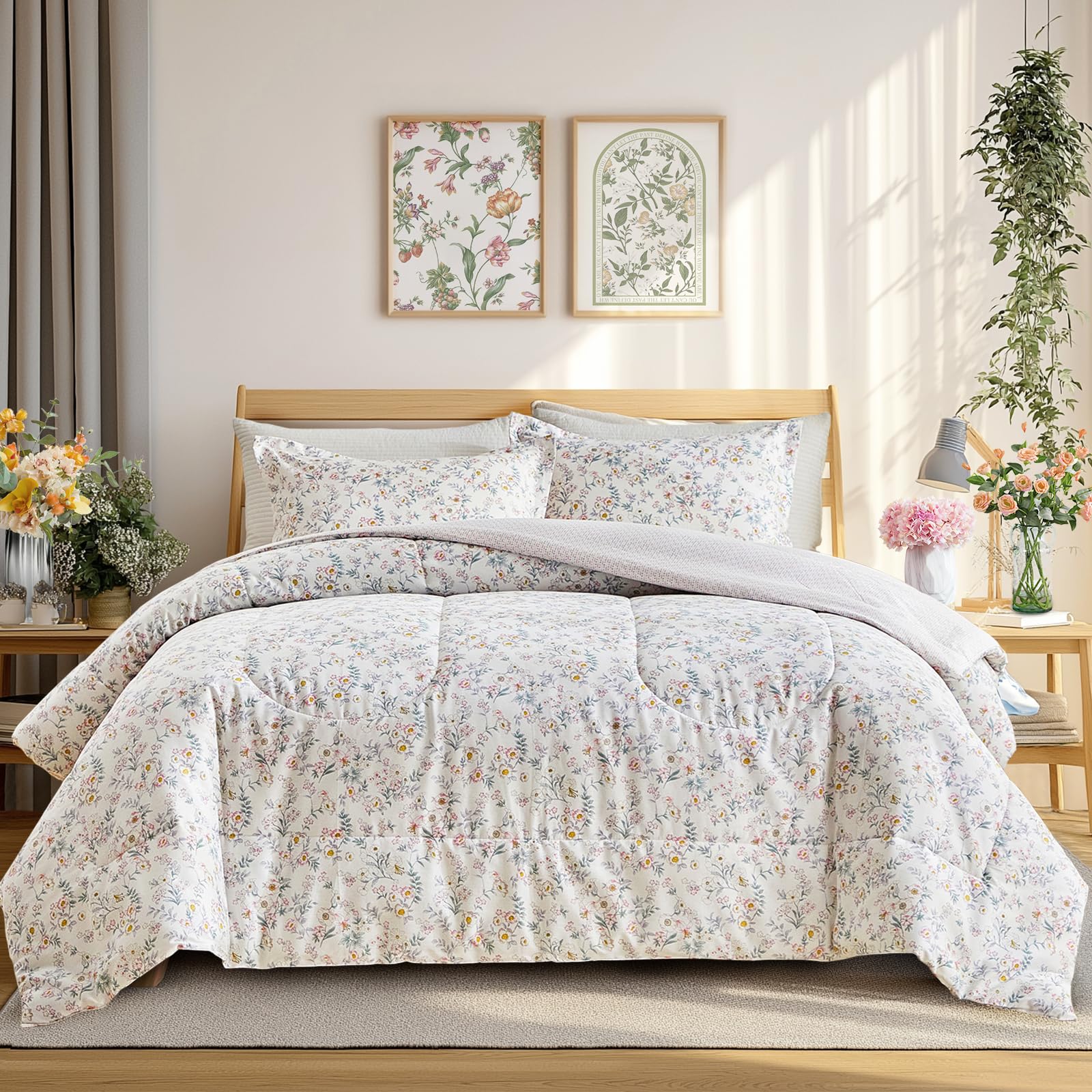 Joyreap 3pcs Floral Cotton Comforter Set for Girls, Little Flowers Pink n White Design, Queen Size Soft n Cozy Kids Bedding Comforter for All Season- 88x88 inches