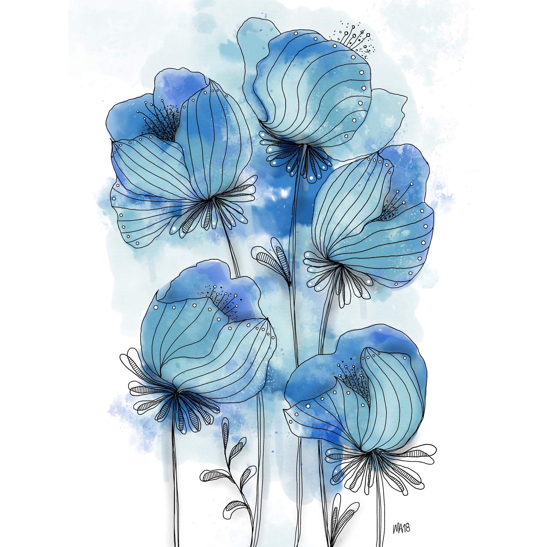 Artery8 Patterned Blue Poppies Watercolour Painting Large Wall Art Poster Print Thick Paper 18X24 Inch