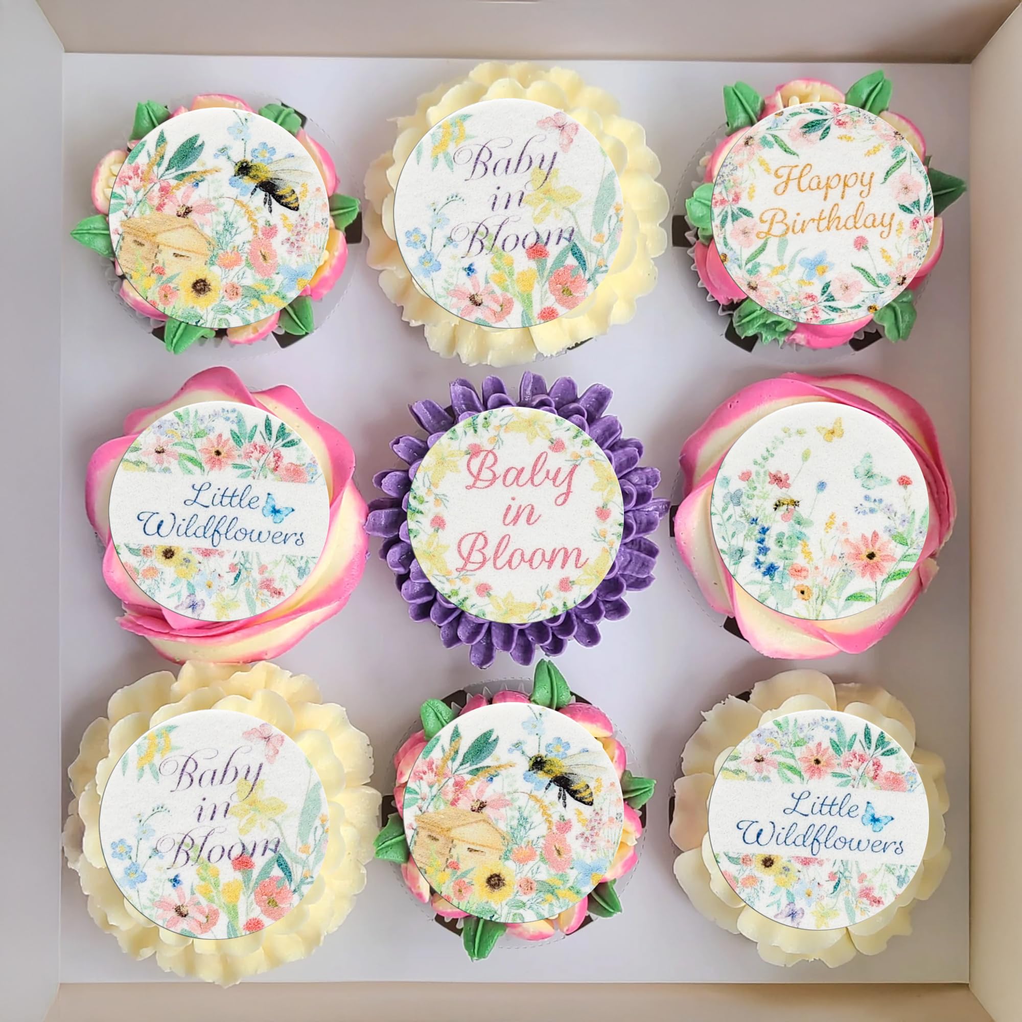 Gyufise 54Pcs Edible Wildflower Cupcake Toppers Wafer Paper Baby in Bloom Baby Shower Decorations Flower Birthday Party Decorations Wildflower Cake