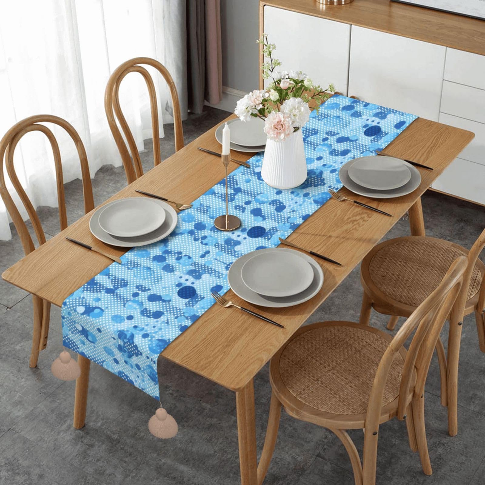 Chemin de table de salle à manger rustique bleu à pois pour Noël