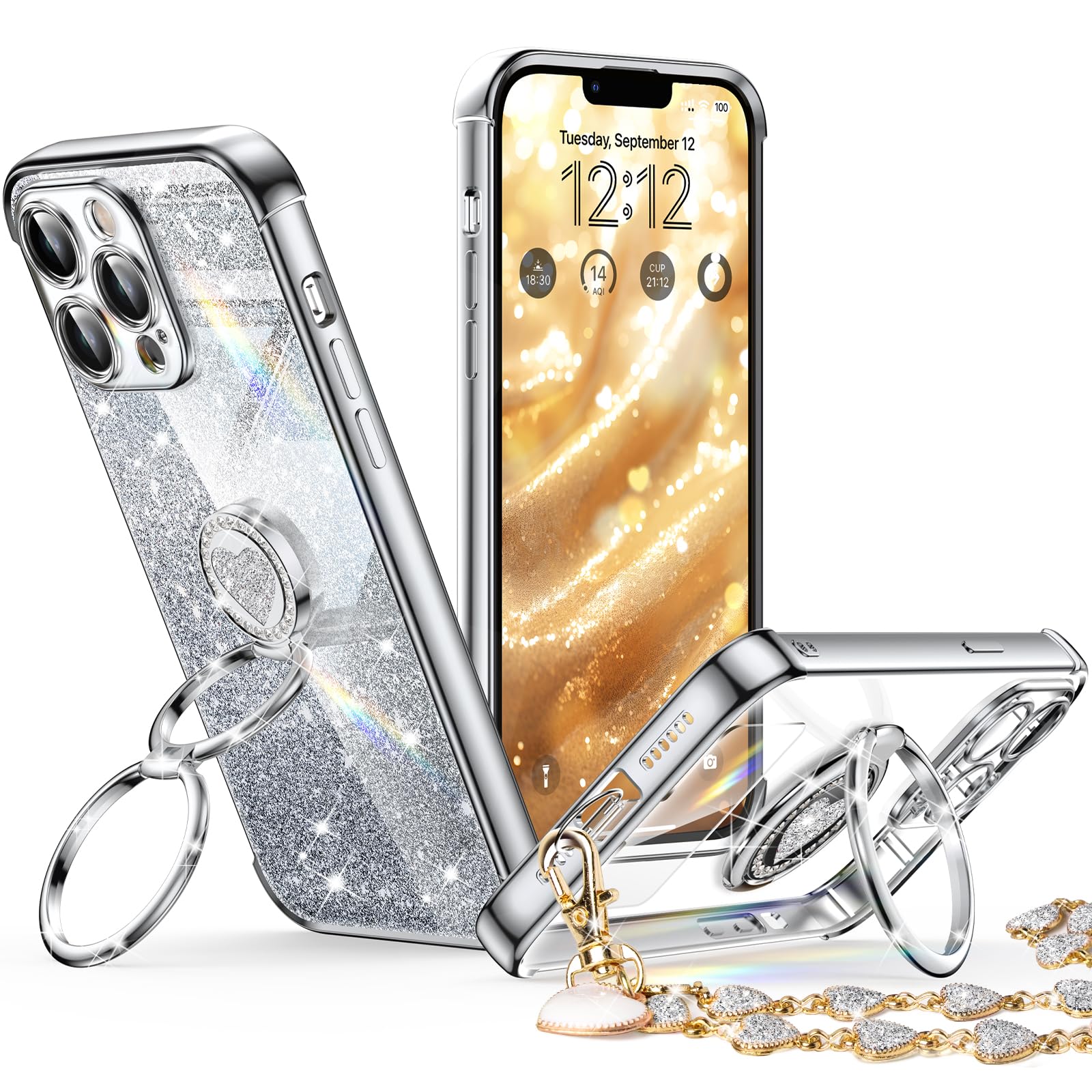 XYZ for iPhone 12 Pro Case with Stand, Phone Case with Double Ring Kickstand, Women Girls Bling Luxury Glitter Clear Phone Case Cover Heart for iPhone