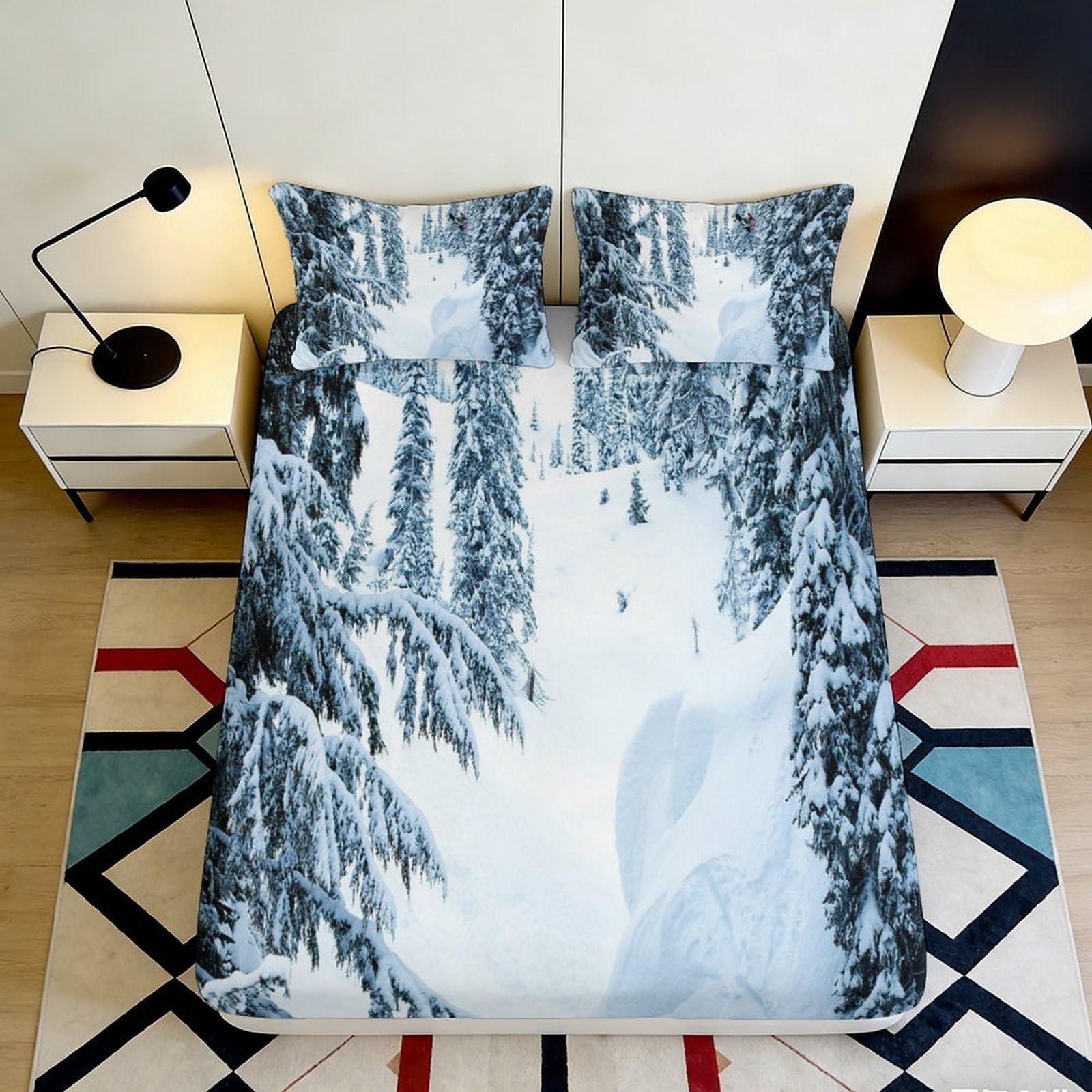 3D Printed Snowy Forest Fitted Sheet Microfiber Soft Mattress Cover Winter Mountain for Bedroom Dorm Decor 118 200x200x25cm