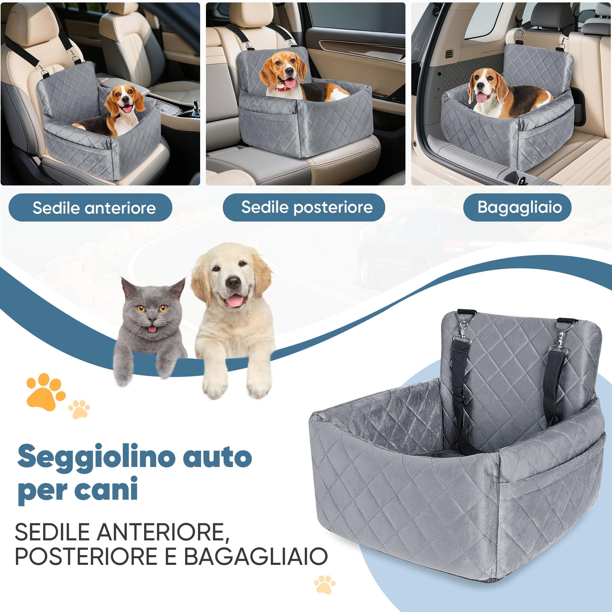 Trasportino per Cani Auto per Piccola Taglia, Lavabile e Confortevole Seggiolino Auto per Cani con Borsa di Archiviazione e Cintura di Sicurezza, per Sedili Anteriori e Posteriori - 45x40x34 cm