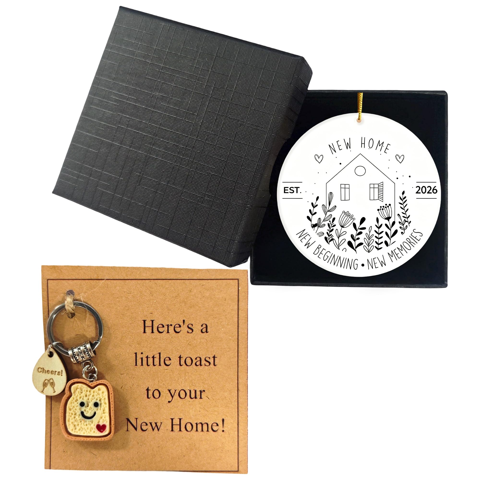 KORVANEL New Home Ceramic Ornament and Keyring Set for Housewarming, New House Present for New Beginnings, Cute Keychain Keepsake, Unique Home Decor Gift Idea for Friends Family
