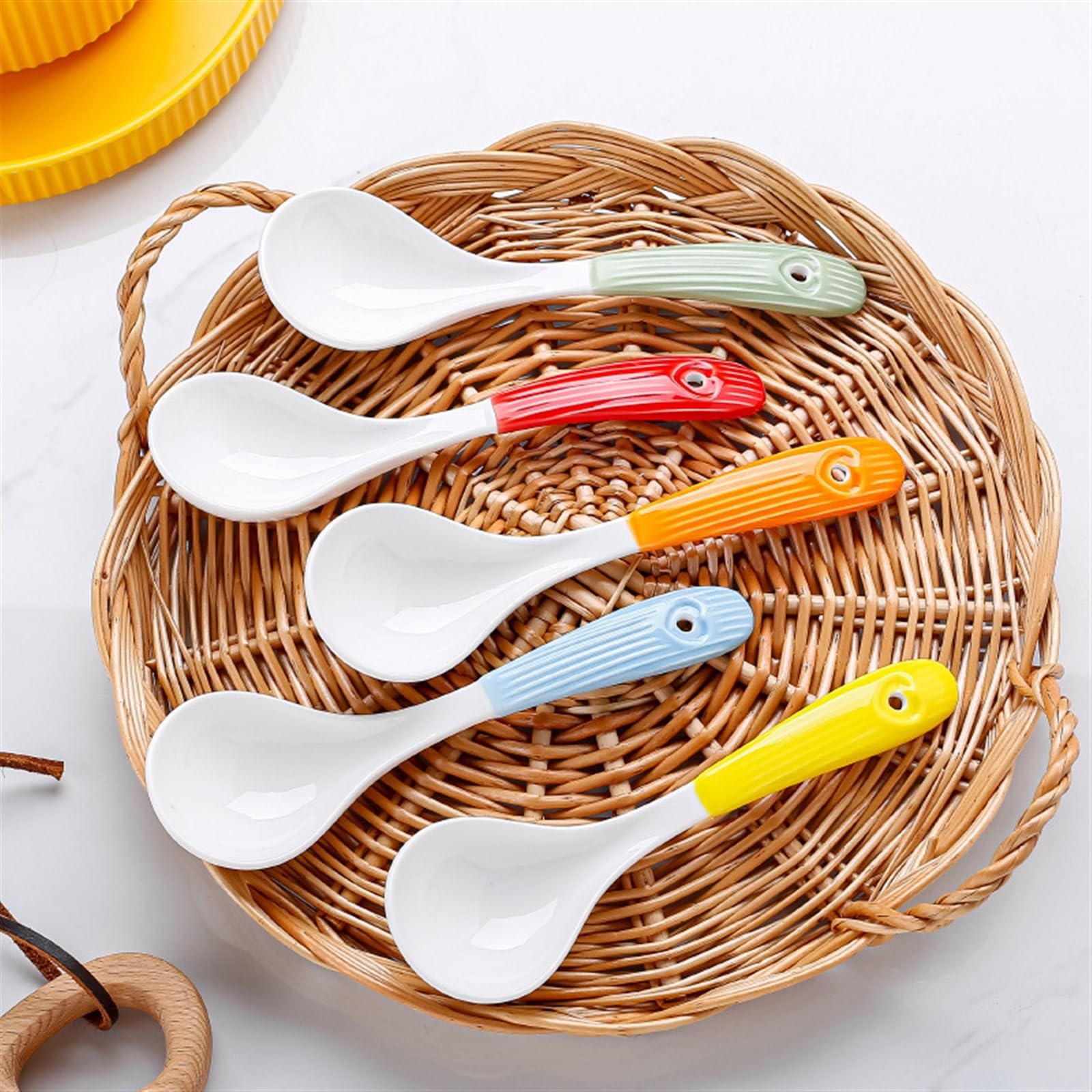 Cuchara de sopa de cerámica de 7 pulgadas, cucharas de sopa chinas, cucharas de sopa asiáticas, cucharas de sopa japonesas grandes for ramen, sopa, bolas de masa hervida, 1 cuchara de cena(Blu)