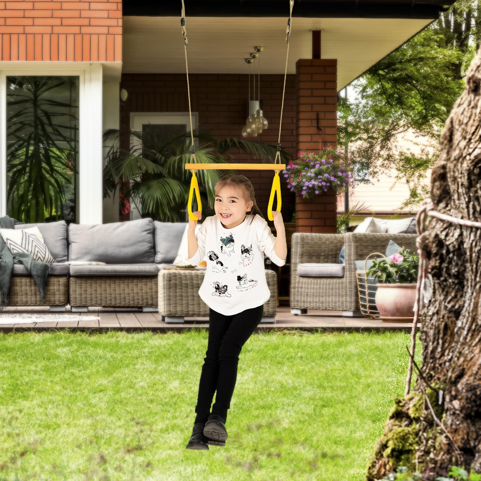 Barre de balançoire trapèze en bois avec anneaux de gymnastique en plastique pour adultes et enfants, ensemble de balançoire d'intérieur et d'extérieur, jardin, cour, aire de jeux