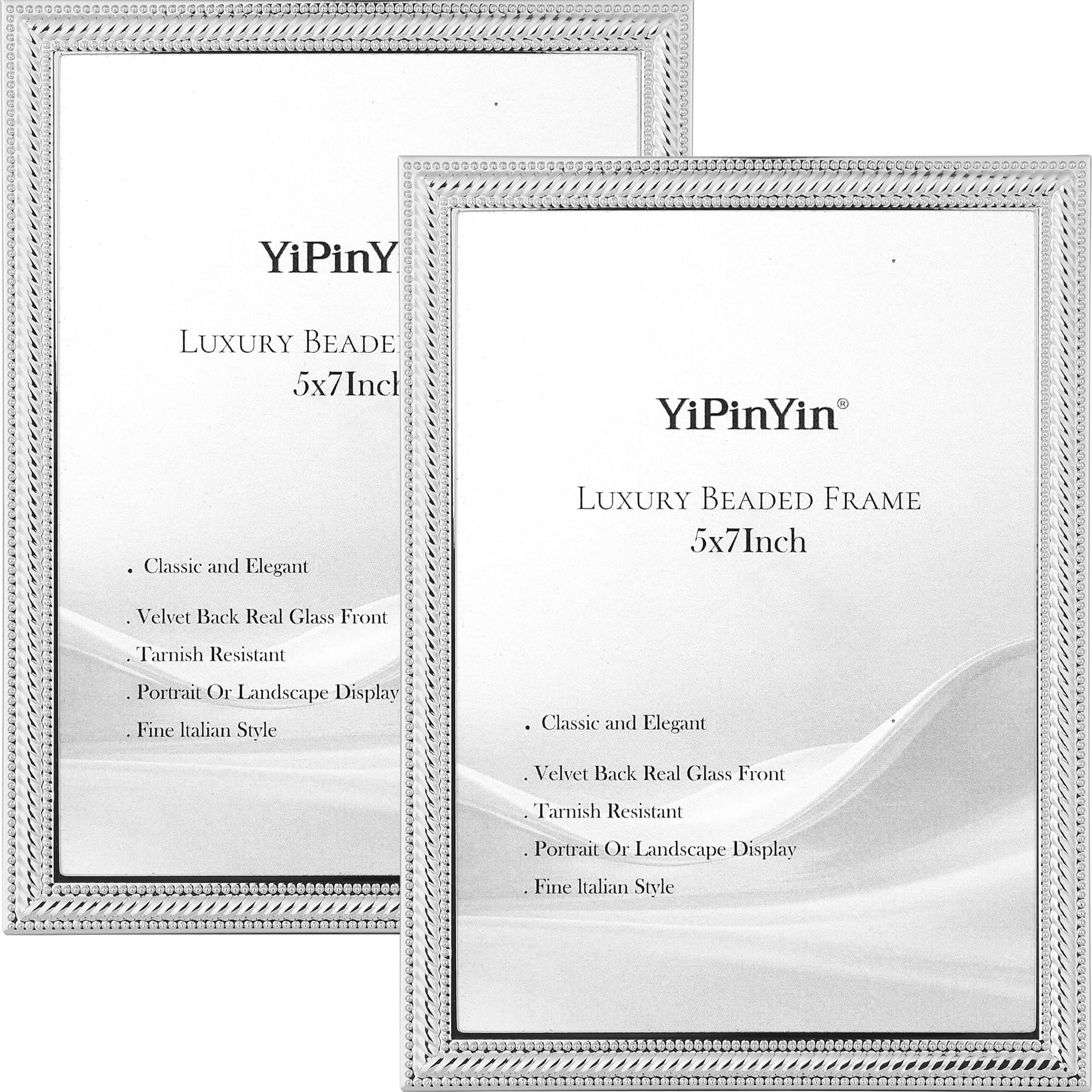 Classy Silver Plated 5x7'' Picture Frame 2 Pack,Delicate braided pattern Metal Frame with Real Glass & Velvet Backing,Hi End Classy Silver Frame 7x5'' for Tabletop Display or Wall Mounting