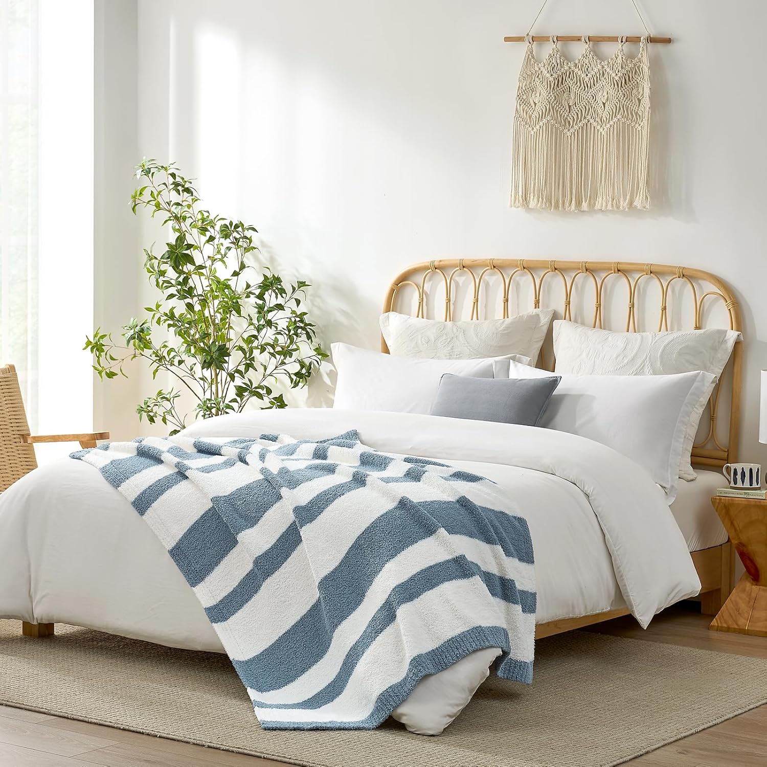 Snuggle Sac Blue Striped Throw Blanket, 50x60 Soft Reversible Fuzzy Knit Throw for Couch, Sofa, Bed, Travel, Cozy Plush Microfiber Blanket for Women & Gift Giving - Image 2