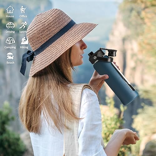 Miniatura 6 de Kodrine Botella de agua con popote, botella de agua de vidrio de 24 onzas con 2 tapas, tapa de popote de bambú y tapa de boquilla con asa, botella