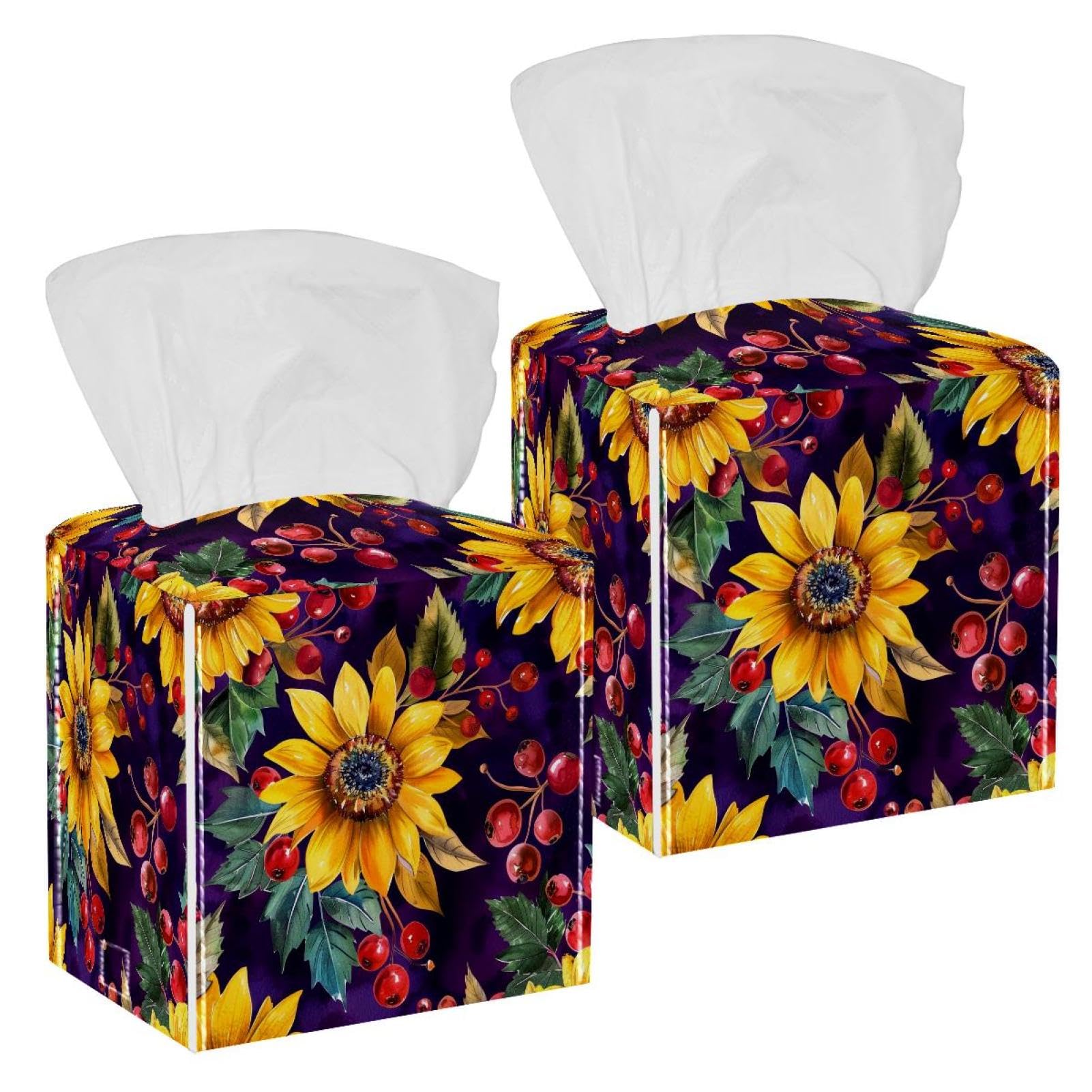 Sunflowers Tissue Box Cover, 2 Pack PU Leather Square Facial Tissue Dispenser Box holder for Home Office Car