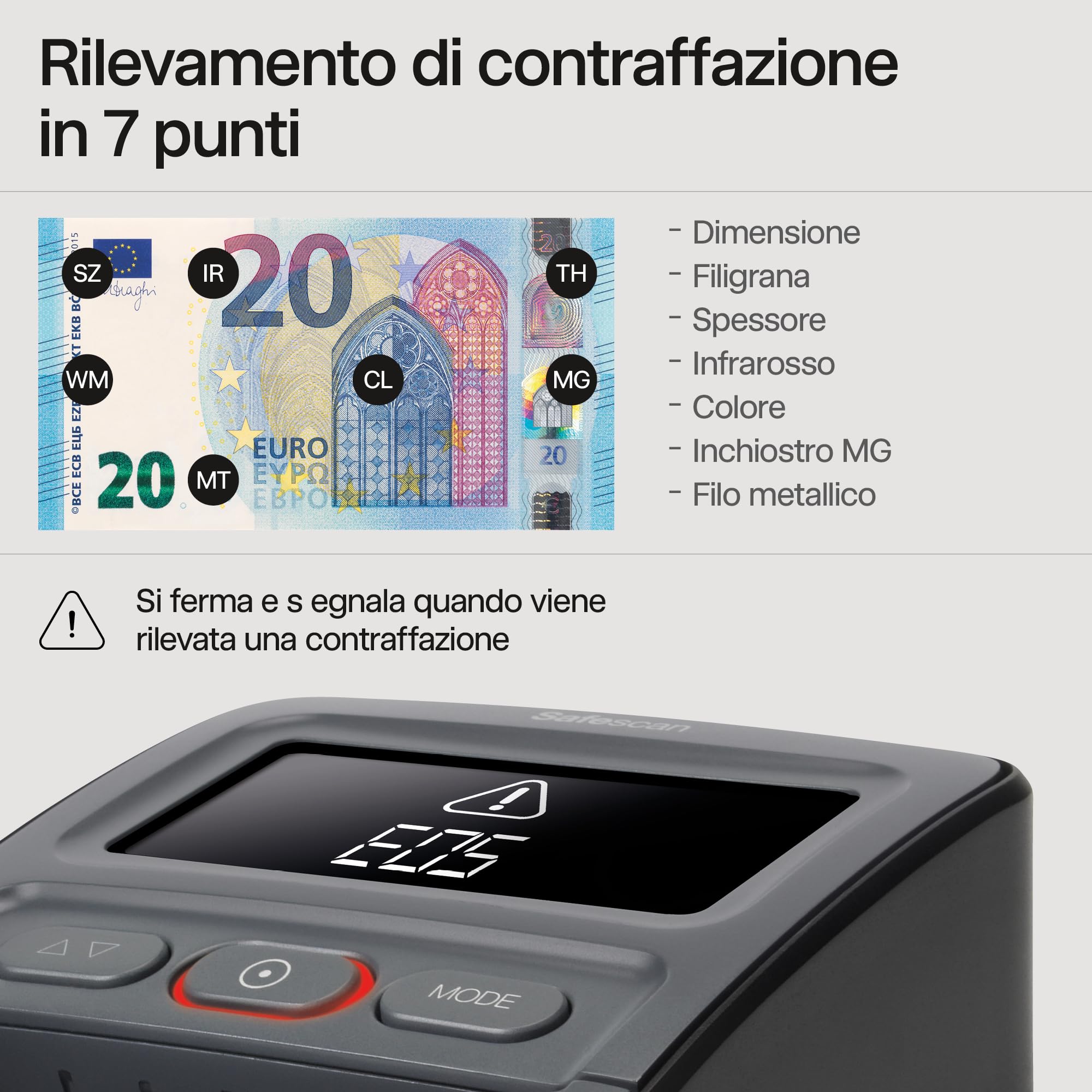 Safescan 155-S Verifica banconote false automatico che verifica rapidamente le banconote, Verificatore del falso a 7 punti, Accurato Verifica banconote al 100%