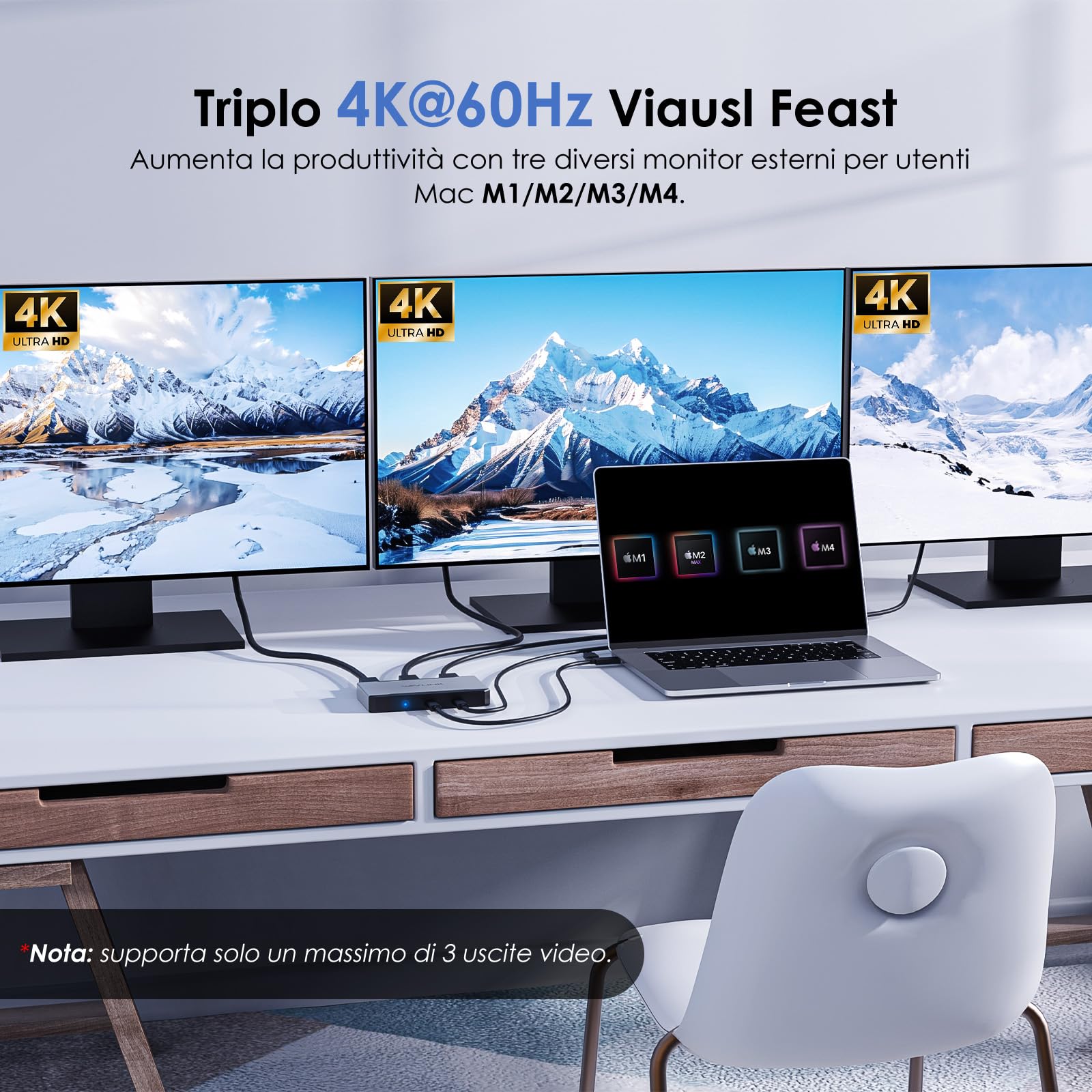 WAVLINK Docking station per 3 monitor per sistemi macOS M1/M2/M3/M4. Host Type-C/A, ingresso PD 100W, 3 HDMI + 2 DP disponibili, Triplo 4K@60Hz, Driver SMI e host USB3.2 Gen 2 richiesti