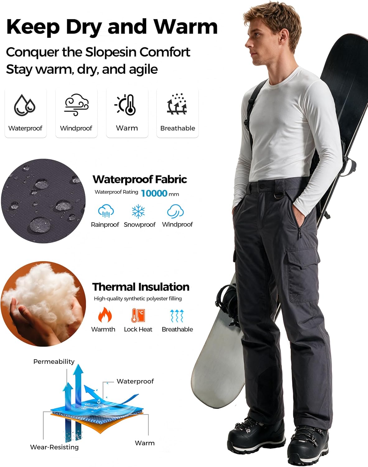 wantdo Men's Snow Pants Warm Winter Ski Bibs Outdoor Snowboard Overalls