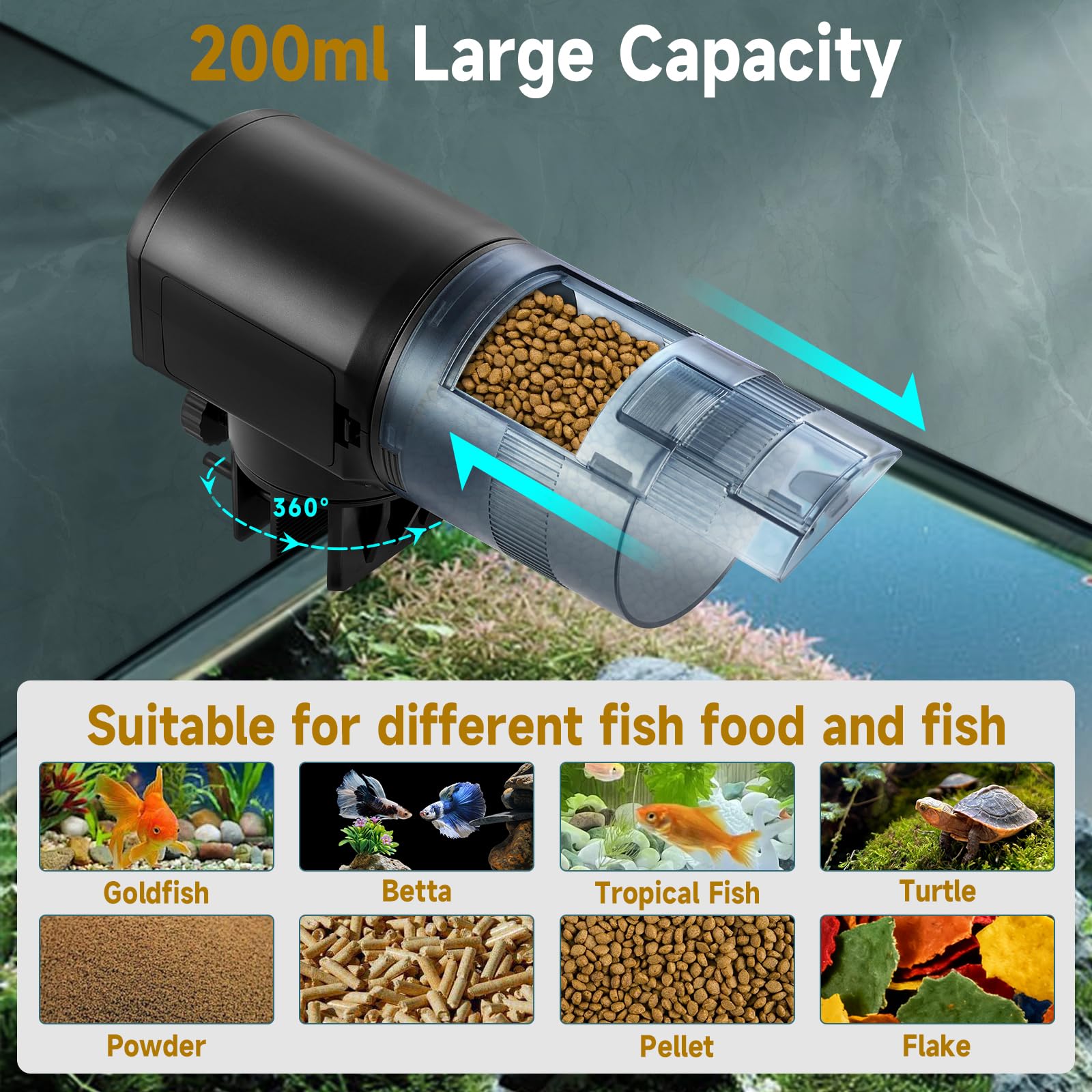 URAQT Automatico Distributore Cibo Pesci a Batteria, Mangiatoia Automatica Acquario, 200ML Mangiatoia Pesci, Con indicatore LED, con 2 batterie AAA e Anello per Alimentatore Pescis, Nero