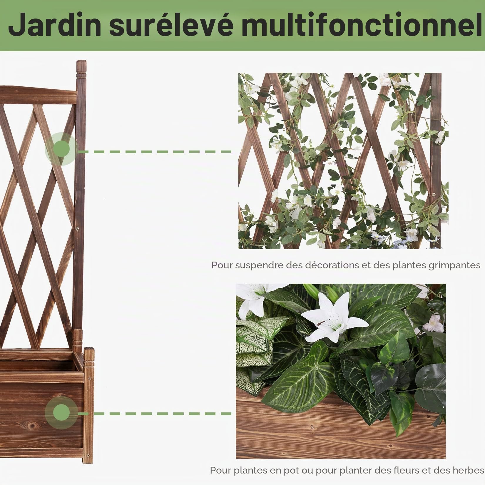 UNHO Jardinière Treillis Extérieure Bois: Bac à Fleurs Rectangulaire Grande Taille Carré Potager Surélevé de Jardin Esthétique et Pratique Idéal pour Balcon Patio Terrasse - 64x37x115cm Charge 45kg
