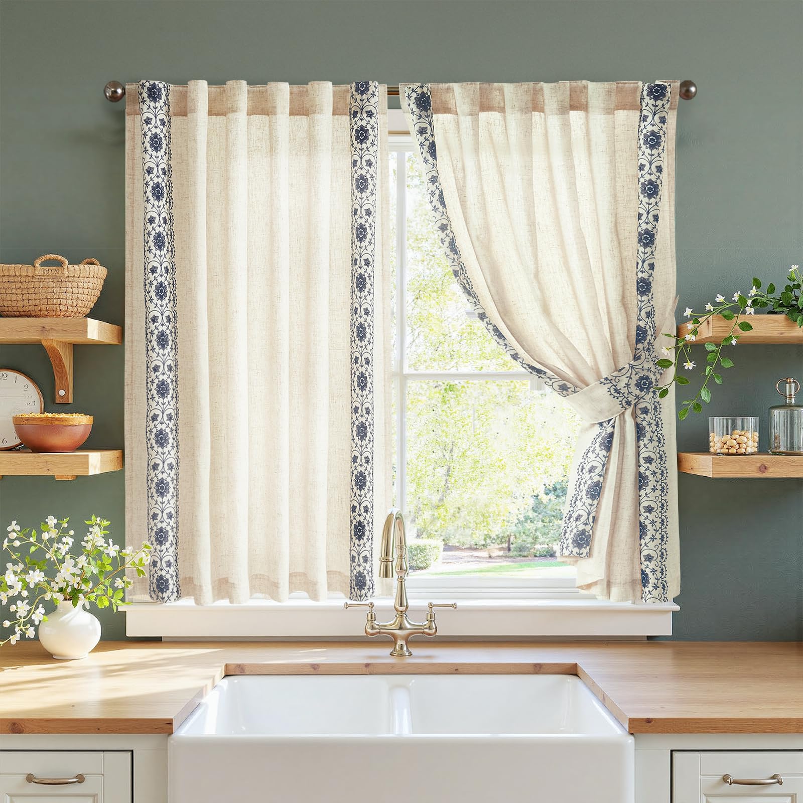 jinchan Small Window Curtains 45 Inch Length Linen Cafe Curtains for Kitchen Bathroom Floral Embroidered Short Drapes Rustic Farmhouse Light Filtering