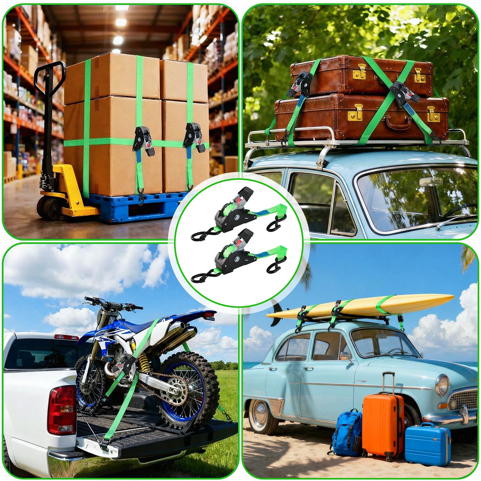 Automatik Spanngurt, 3 m x 25mm, 300 daN | 748 kg Bruchlast, 8 Stück | Selbstaufrollende Spanngurte, Ratschengurt mit S Haken, Zurrgurt für Anhänger, Motorrad, Fahrrad Mehr, Grün