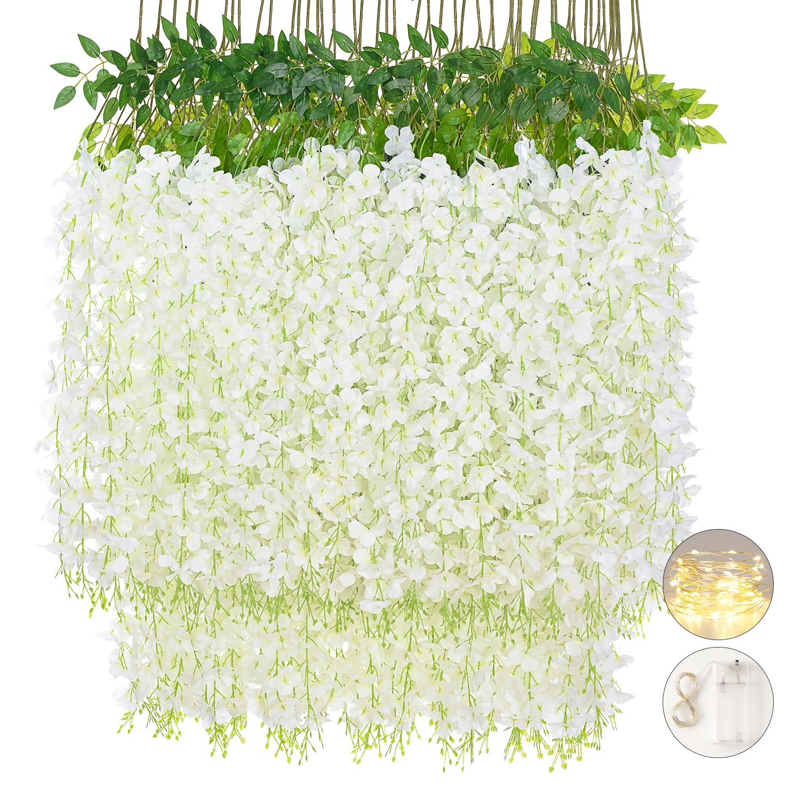 Sunm Boutique 24 Pack Wisteria Hanging Flowers with Light, 3.6 Feet Wisteria Flowers Hanging Garland, Silk Artificial Wisteria Flower Vine String for Wedding Party Home Office Wall Decor (White)