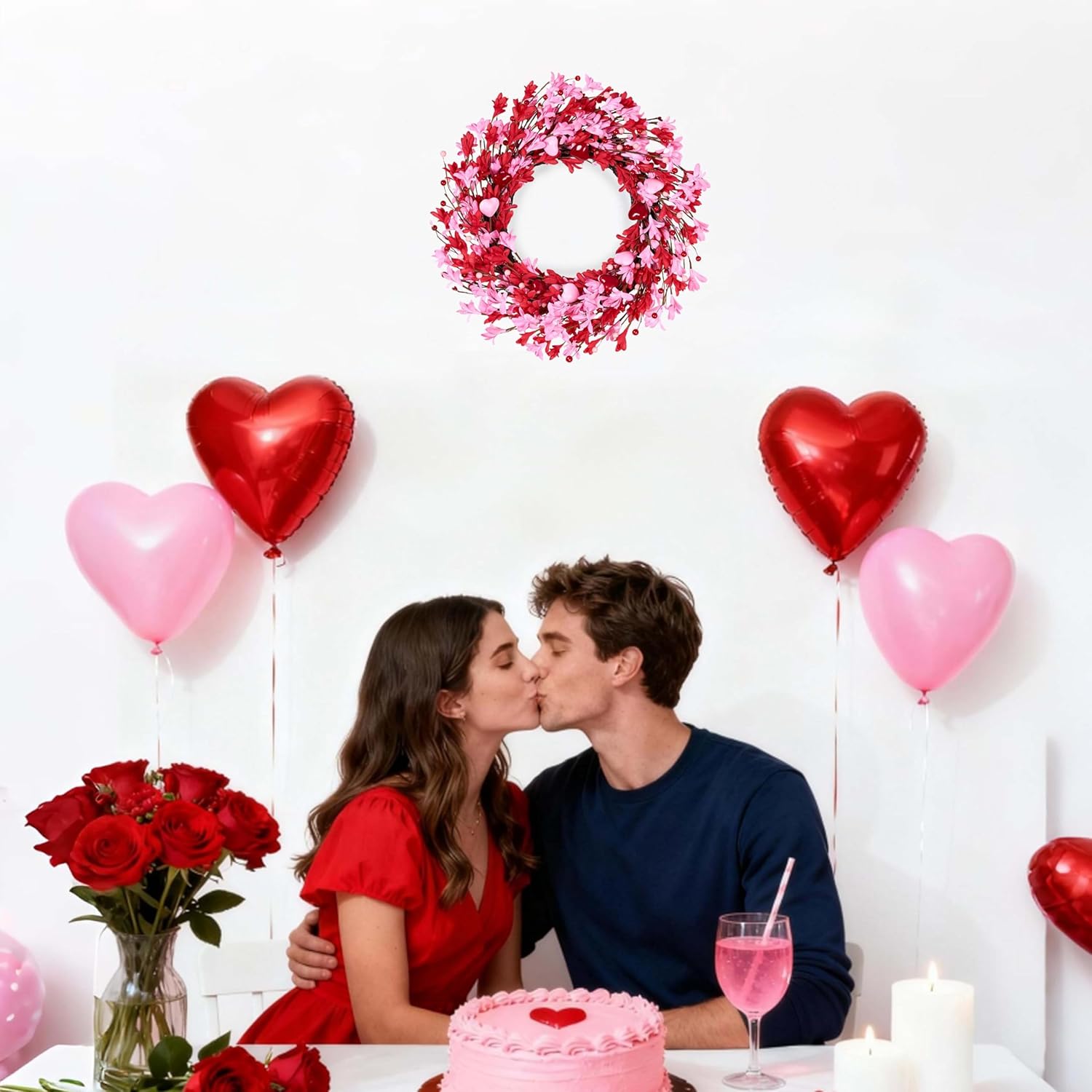 Valentine's Day Wreath 22 Inch Valentines Day Wreaths for Front Door Pink Floral Wreath with Red Love Heart Berries Pink Forsythia Flowers for Valentine Anniversary Wedding Holiday Decorations