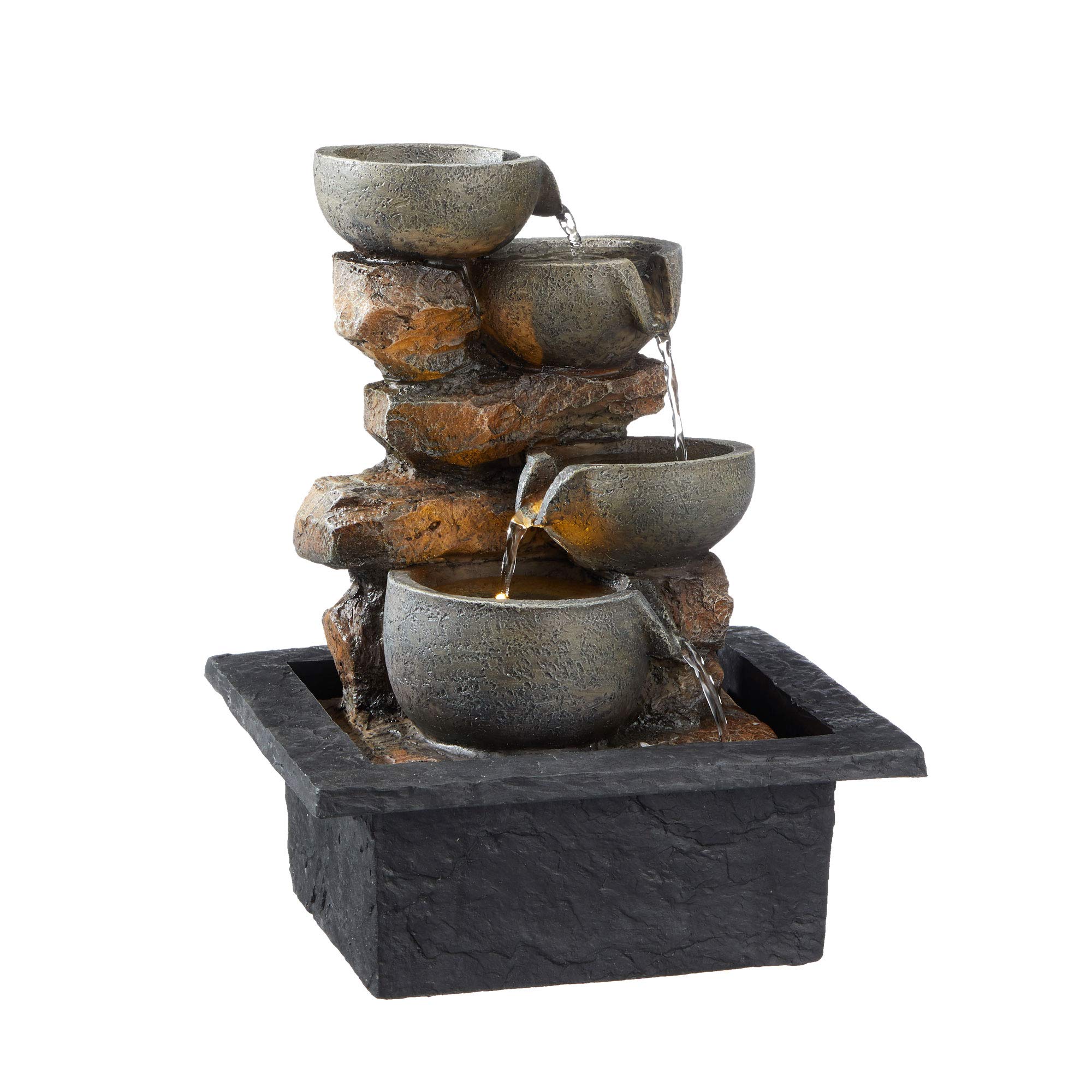 Zimmerbrunnen mit Beleuchtung │in Steinoptik Höhe 27,5 cm │Feng Shui Design │Springbrunnen mit Pumpe (1 x LED Brunnen Design7)