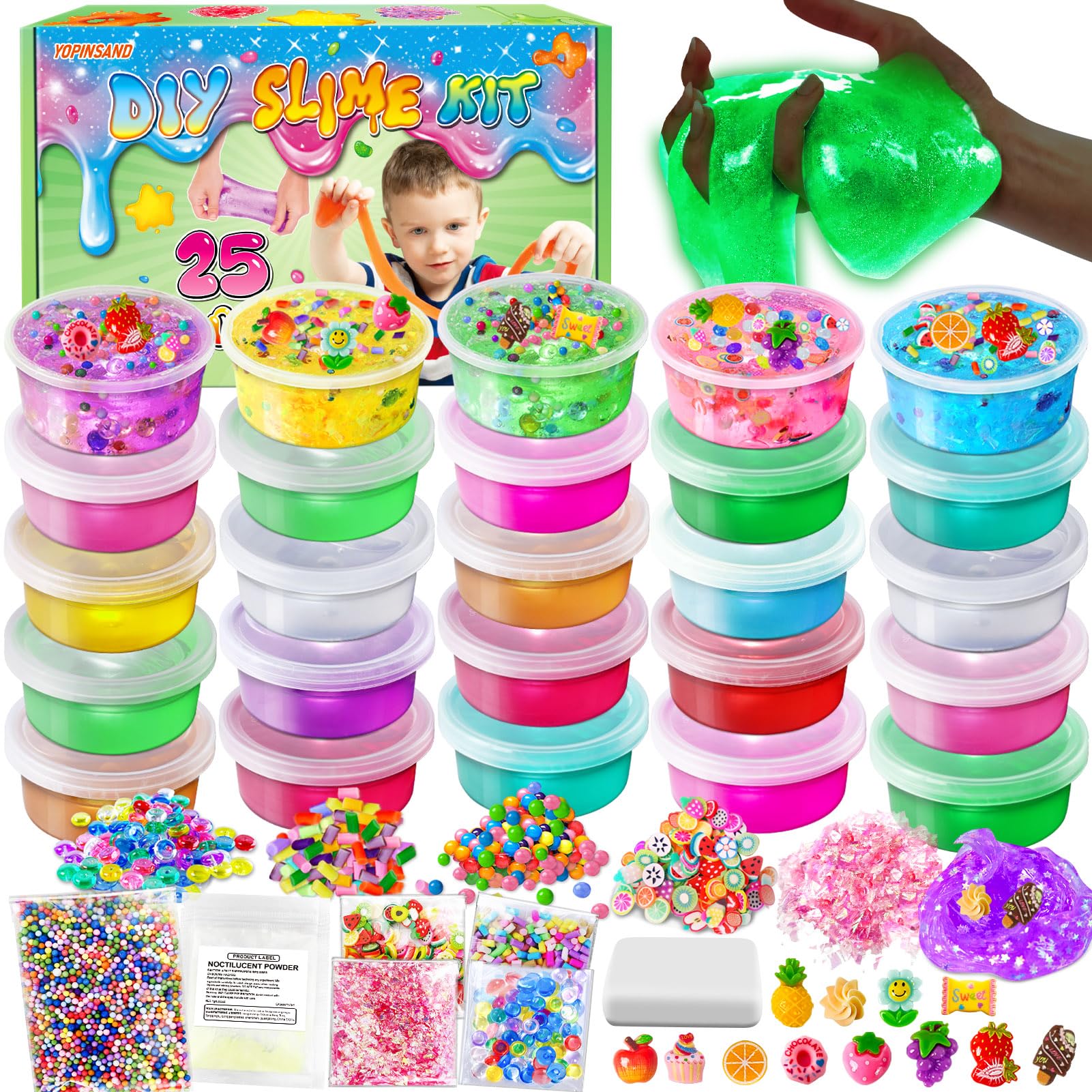 25 Cups DIY Slime Kit, Slime Making Kit for Girls Glow in The Dark, Crystal Clear Slime with Add-ins, Foam Balls, Charms
