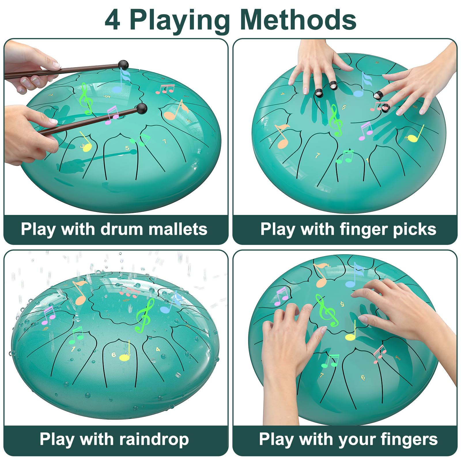 D Major Steel Tongue Drum Handpan, 12 Inch 13 Note Rain Drum for Outside Garden, Meditation Rain Chime, Musical Percussion Instrument for Adult Gift with Bag, Music Book, Drum Mallets (Lake Blue) 4