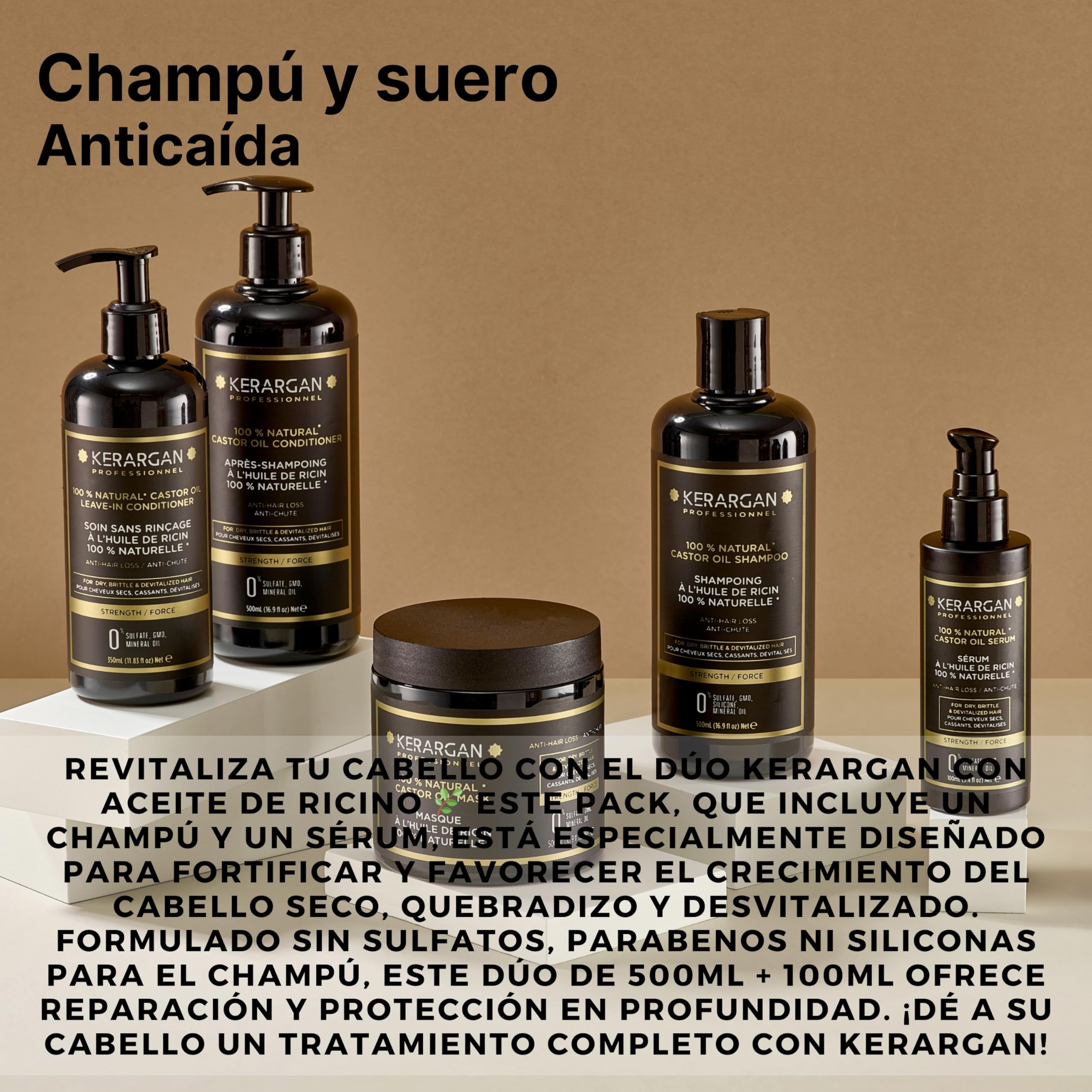 Kerargan - Dúo Anti-Caída Champú y Suero con Aceite de Ricino Para Cabello Seco, Quebradizo y Sin Vida - Fortalece y Favorece el Crecimiento - Sin Sulfatos, Parabenos ni Siliconas - 500ml + 100ml