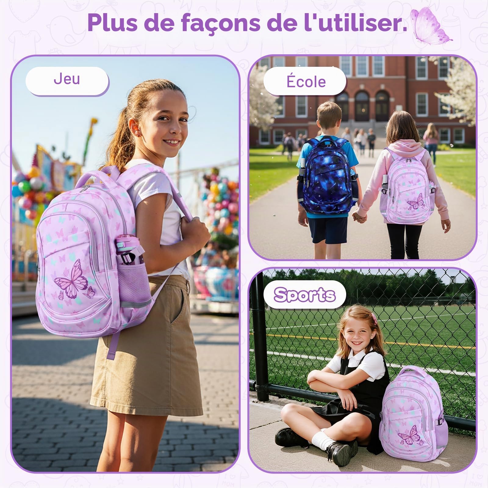decalsweet Sac a dos Enfant, Grande Cartable Fille Primaire College Violet