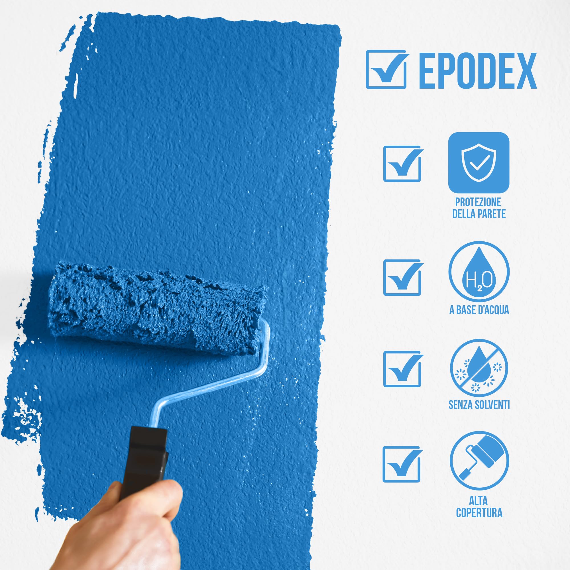 EPODEX Pittura per Pareti Matt, Pittura Lavabile, resistente, traspirante & inodore, per Interni, 3kg (25 m² per mano) - Blu azzurro