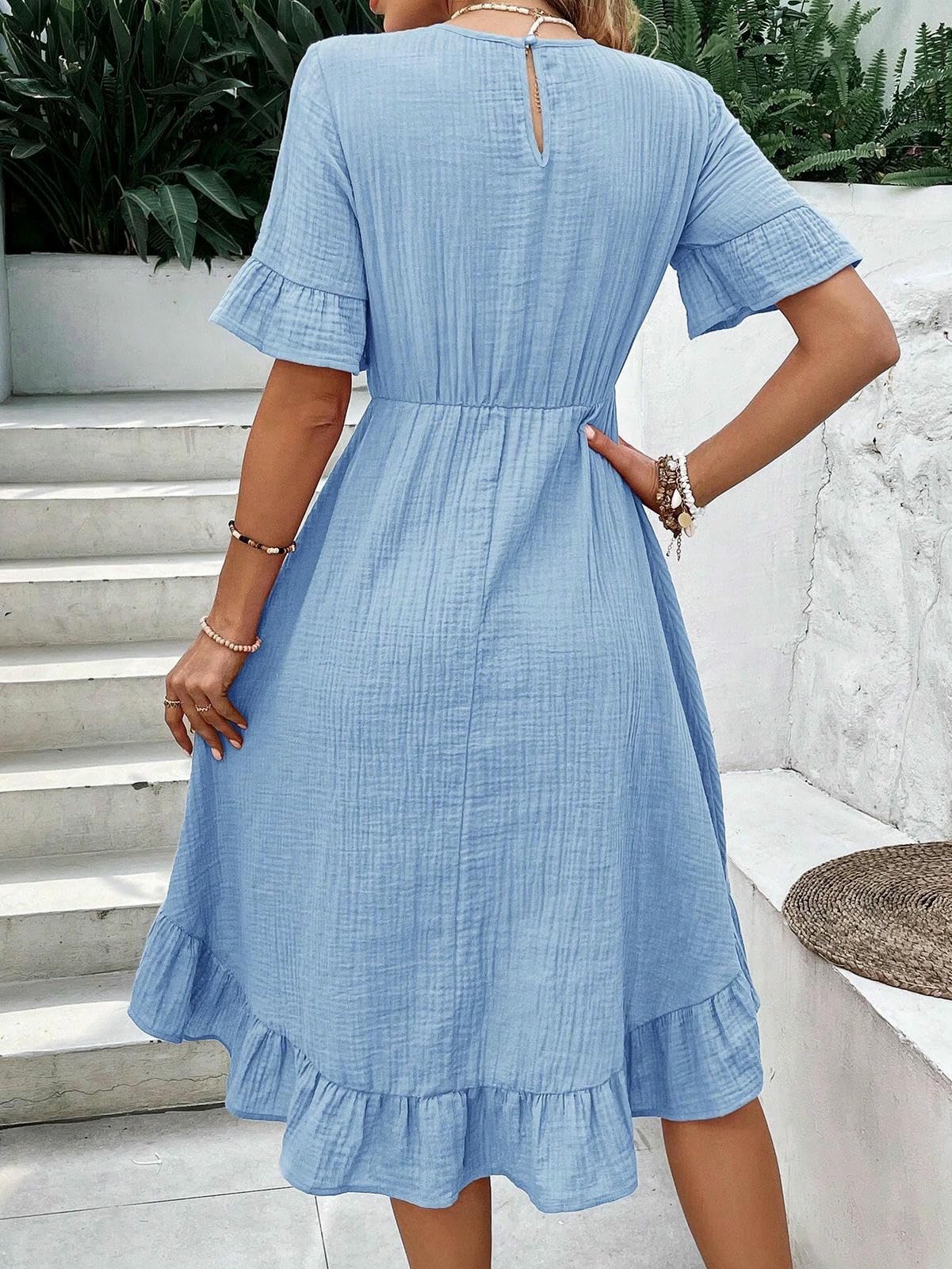 Women's Dress Abito A Manica Corta Casual Estiva da Donna Elastico in Vita -Verde Scuro-l