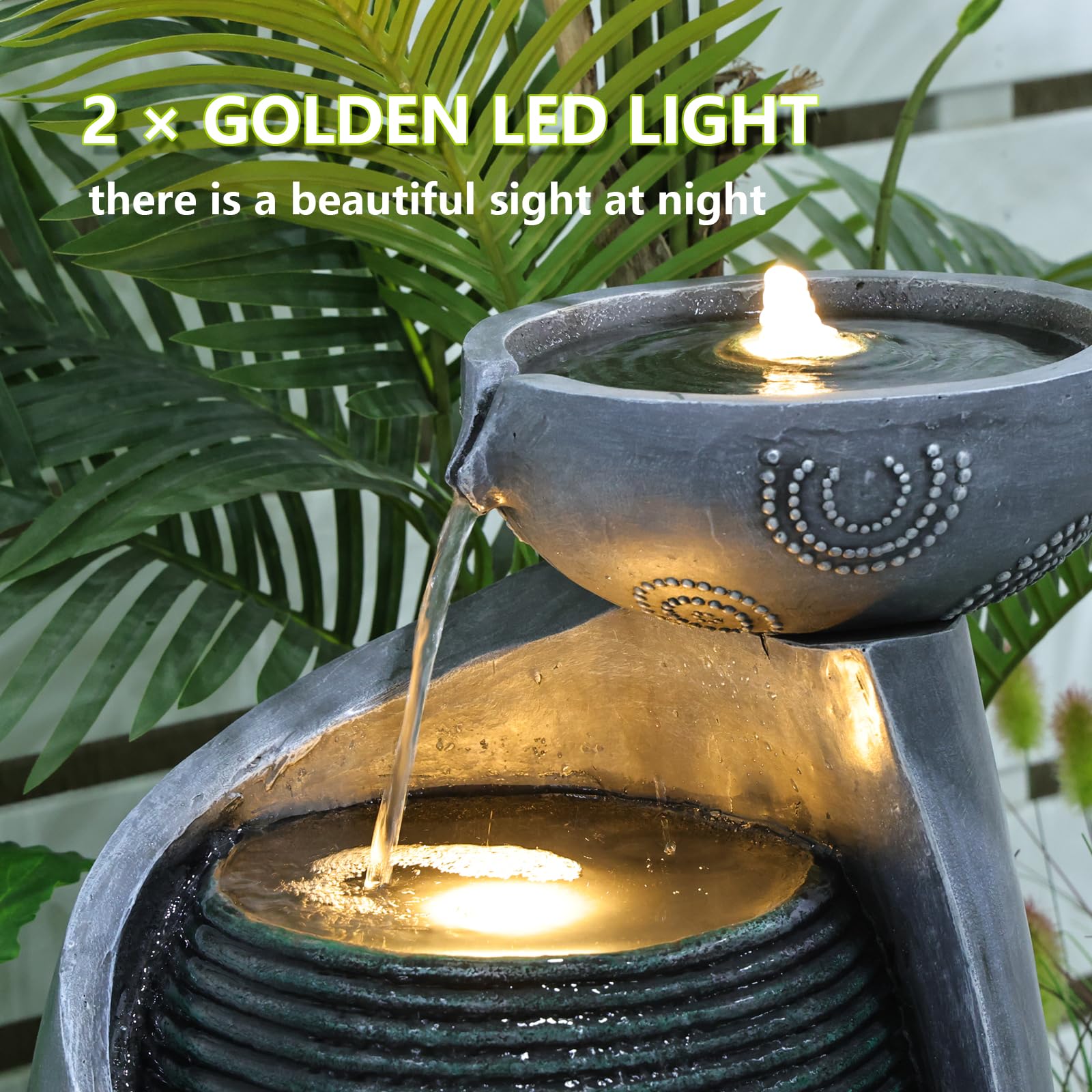 Sunlinua Vase Outdoor Water Fountain, 31.4''H Jar Waterfall Fountain with Warm LED Lights&Durable Pump for Yard, Porches, Home Décor,Garden,Office