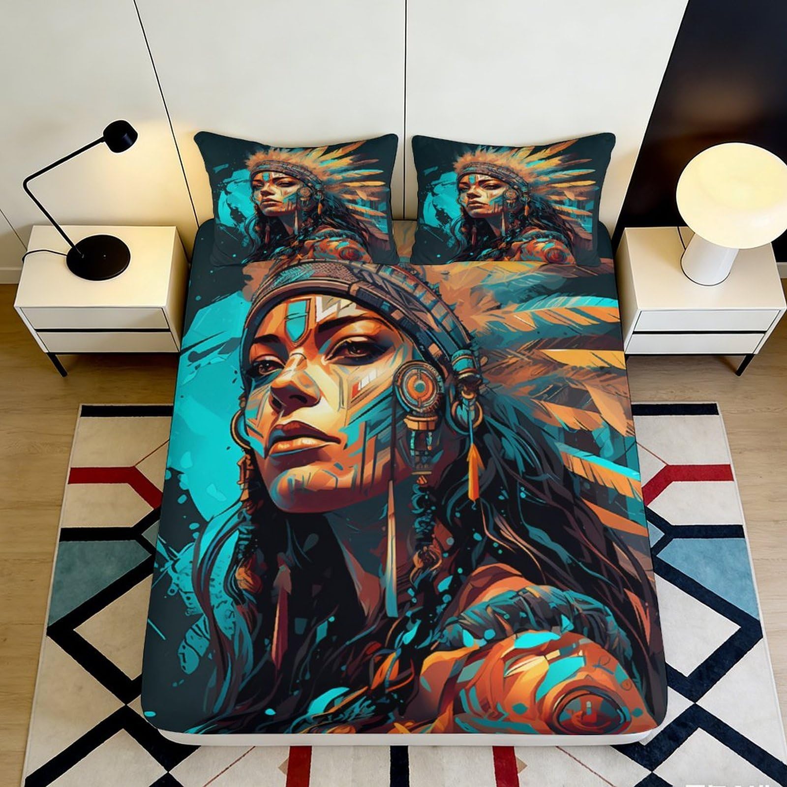 3D Printed Native Tribal Fitted Sheet Microfiber Soft Bedroom Decor Feather Headdress Mattress Cover for Adult Youth 90x200x25cm