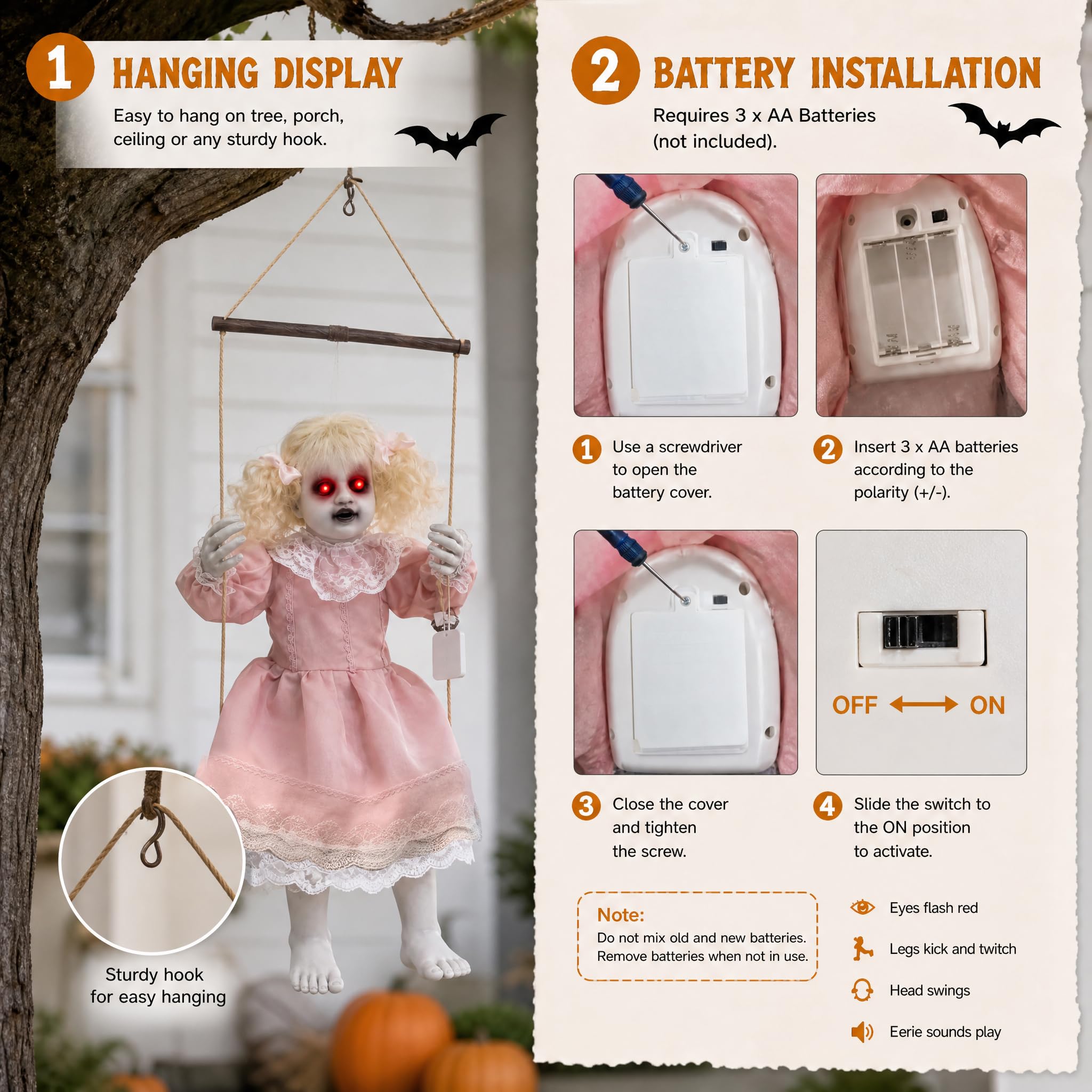 TW SHINE Decorazioni animatronic per bambole di Halloween, per esterni, ragazza oscillante da appendere con occhi illuminati, suoni raccapriccianti attivati dal suono, decorazione spaventosa per