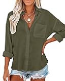 JEKAOYI Womens Button Down Shirts Long Sleeve Linen Casual Collared Blouses Loose Fit Army Green
