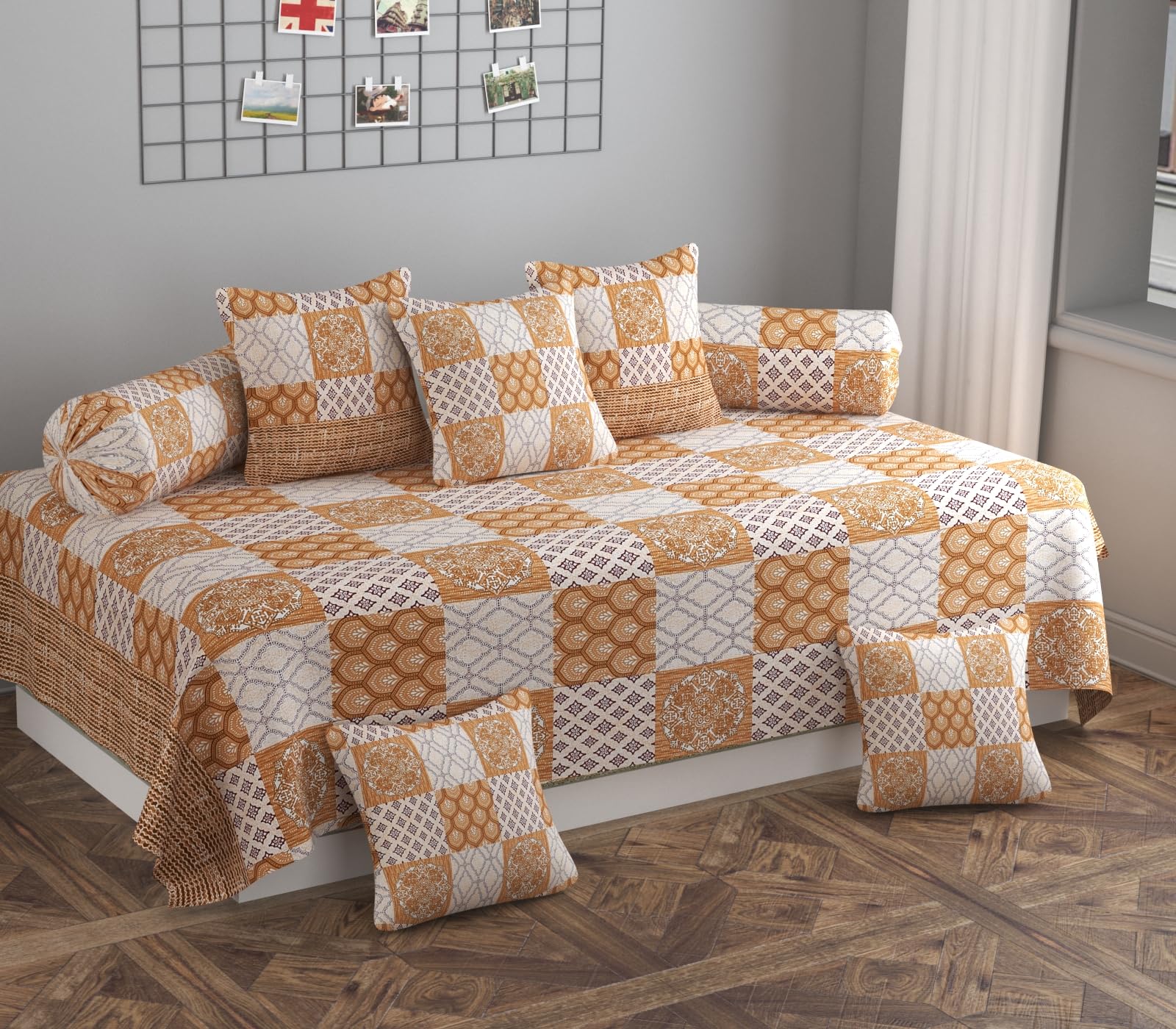 Cotton Diwan Set of 8 Pieces (1 Diwan Bedsheet + 5 Cushion Covers + 2 Bolster Covers, Multicolour) (Traditional2)-image-45