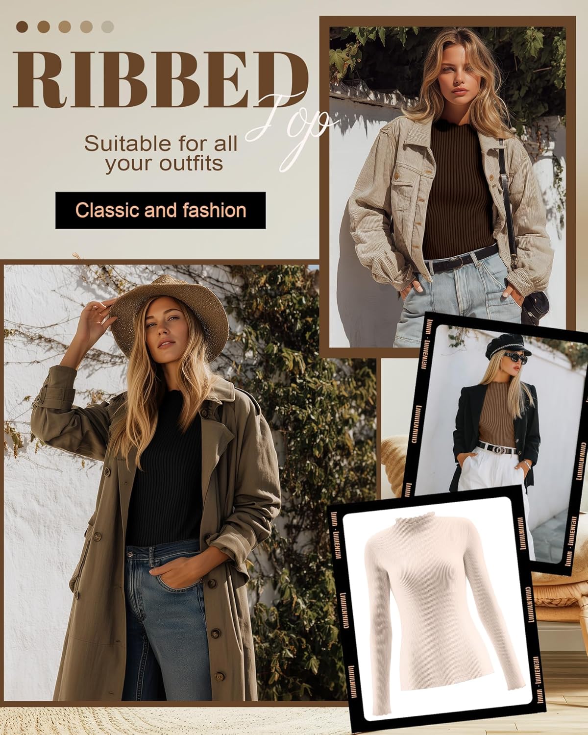 Neer 4 Pack Women's Mock Turtleneck Tops Cotton Long Sleeve Ribbed Lettuce Trim Shirts Slim Fit Casual Fall Basic Tees(Cream, Cookie, Mocha, Black,Small) - Image 3