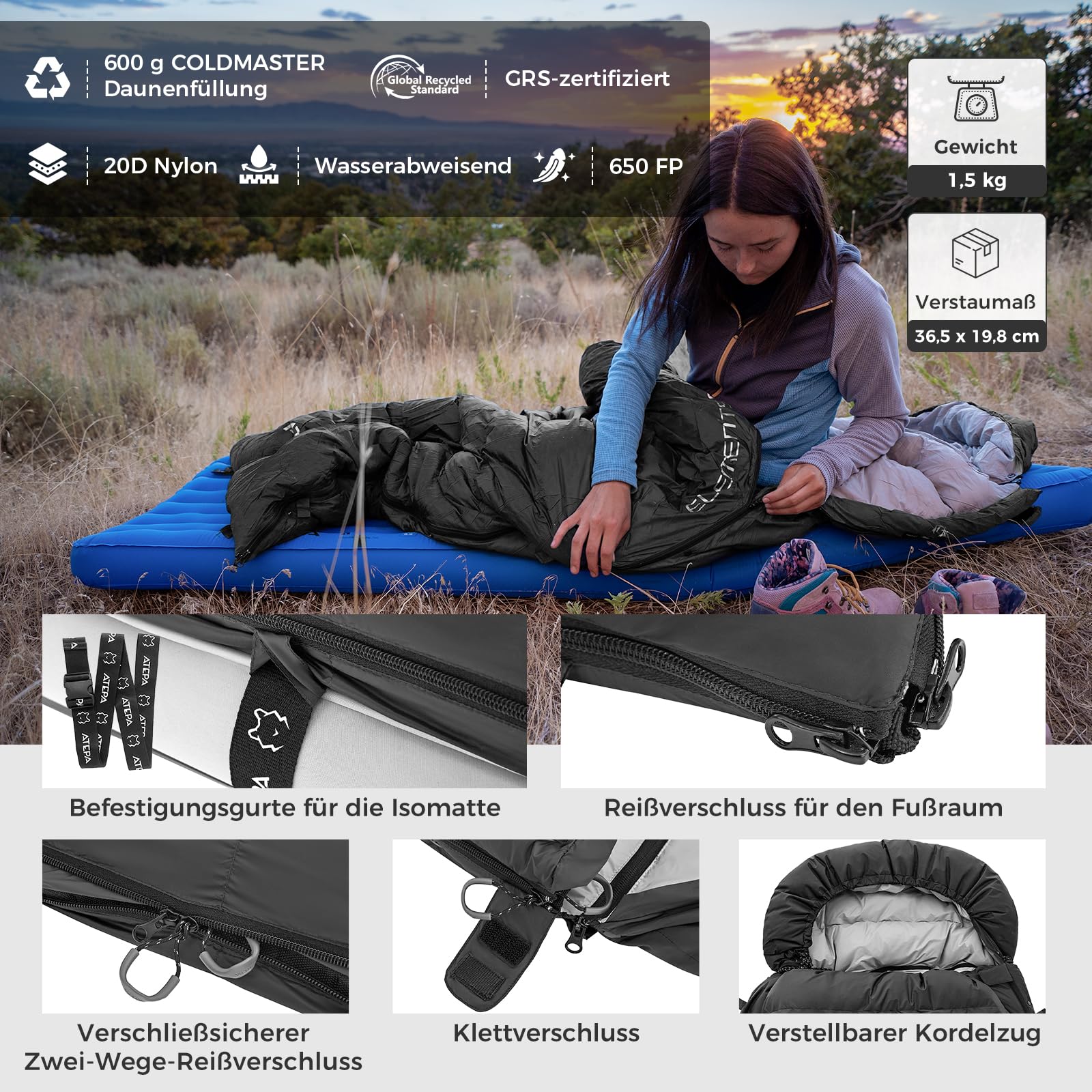 ATEPA Elements Daunen-Schlafsack 0 Grad Schlafsack, 3-in-1 Ultraleicht, Rechteckig Breit, Komfort 4℃ / Limit -1℃, Mit Kompressionssack Für Rucksackreisen, Wandern & Camping, Schwarz Sport & Freizeit