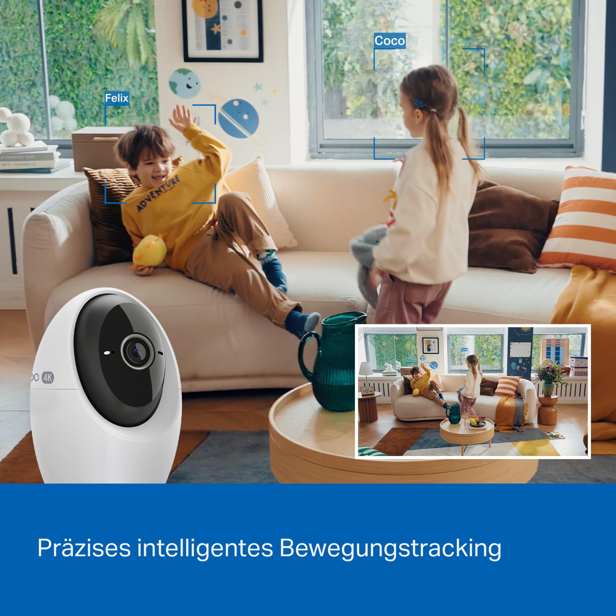 Tapo C260 4K 8MP Überwachungskamera Innen 360°, Lokale KI-Erkennung, Physischer Privatsphärenmodus, 18-Facher Digitalzoom, Bewegungsverfolgung, Zwei-Wege-Audio, MicroSD-Karte Bis zu 512 GB