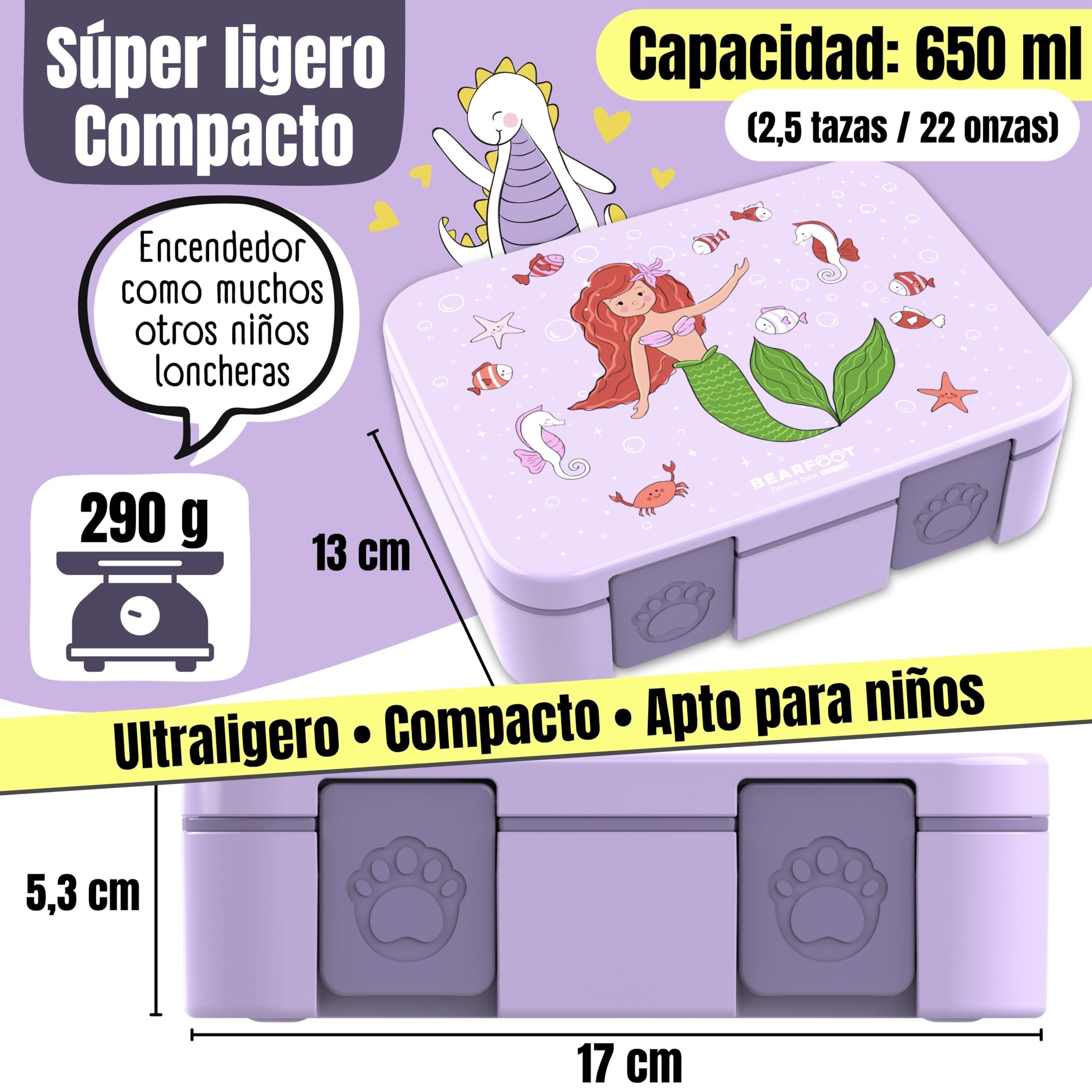 BEARFOOT – Fiambrera Infantil Compacta, Bento Box para Niños sin BPA, Lonchera con Compartimentos para Colegio y Guardería, Ligera y Hermética (Sirena Morado, 650 ml)
