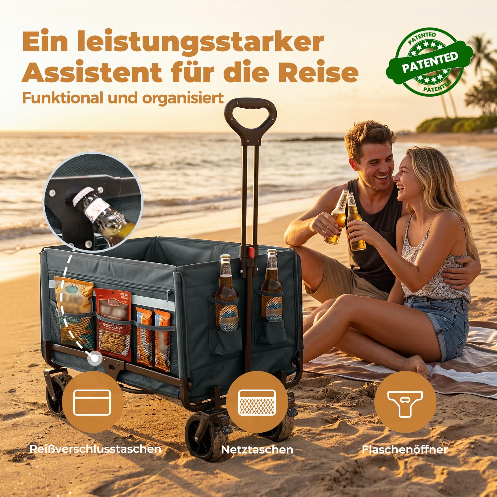 Carro plegable 120L +, hasta 150 kg, con portón trasero, protección contra la lluvia, frenos | Tiras reflectantes, carro de playa plegable, carrito plegable para perros, compras, camping, playa, transporte, exterior