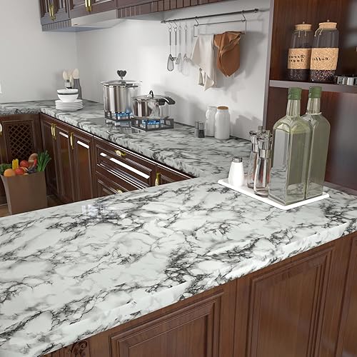 Miniatura 2 de VIOPVERY Papel de contacto de mármol blanco y negro de 35 x 197 pulgadas, papel tapiz de vinilo brillante para despegar y pegar, papel de pared de