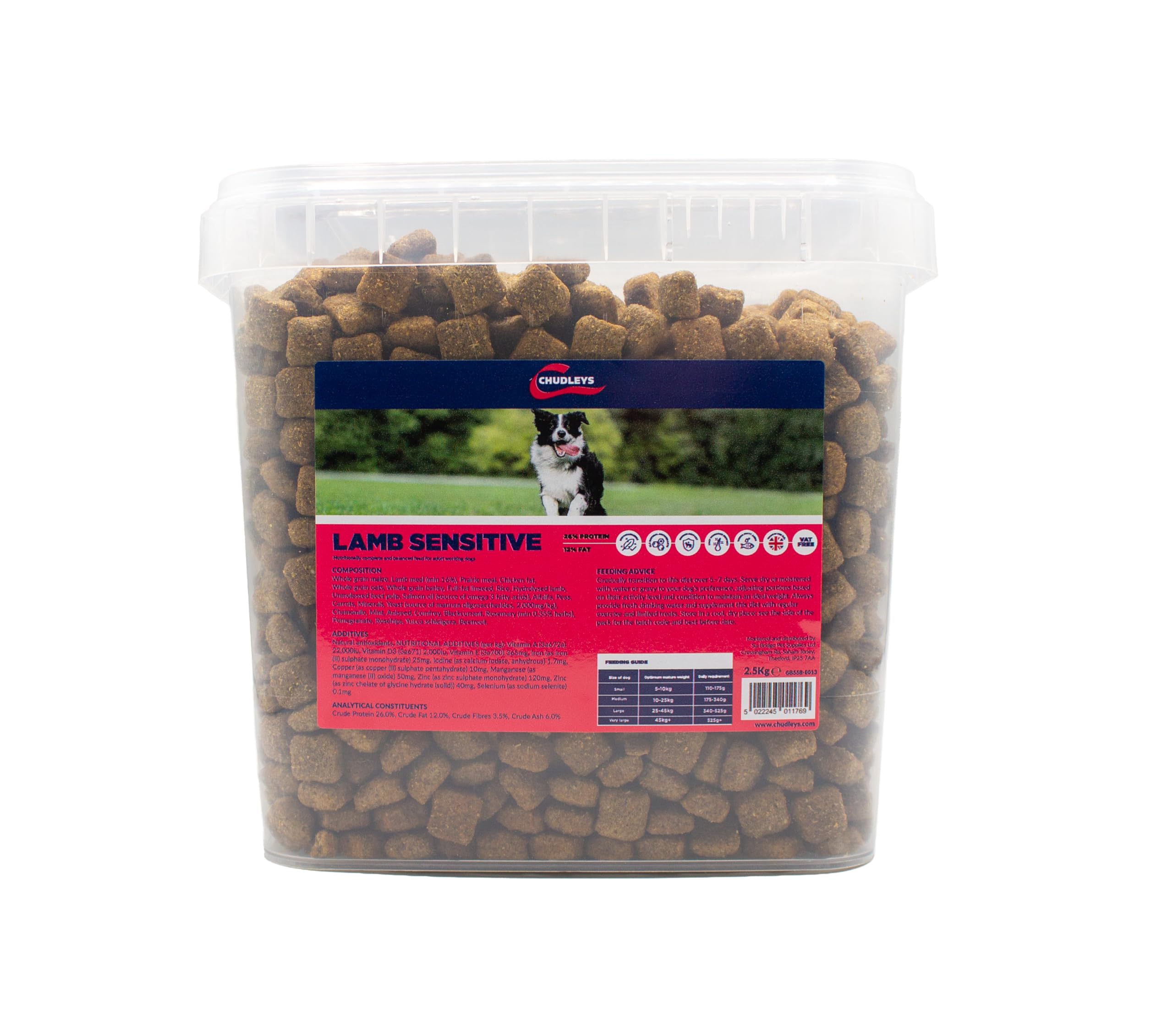 Chudleys Sensitive Lamb, Rice, Oats and Vegetables Adult Dog Food Bucket 2.5kg - Complete Working Dog Food with Prebiotics and Skin and Coat Support