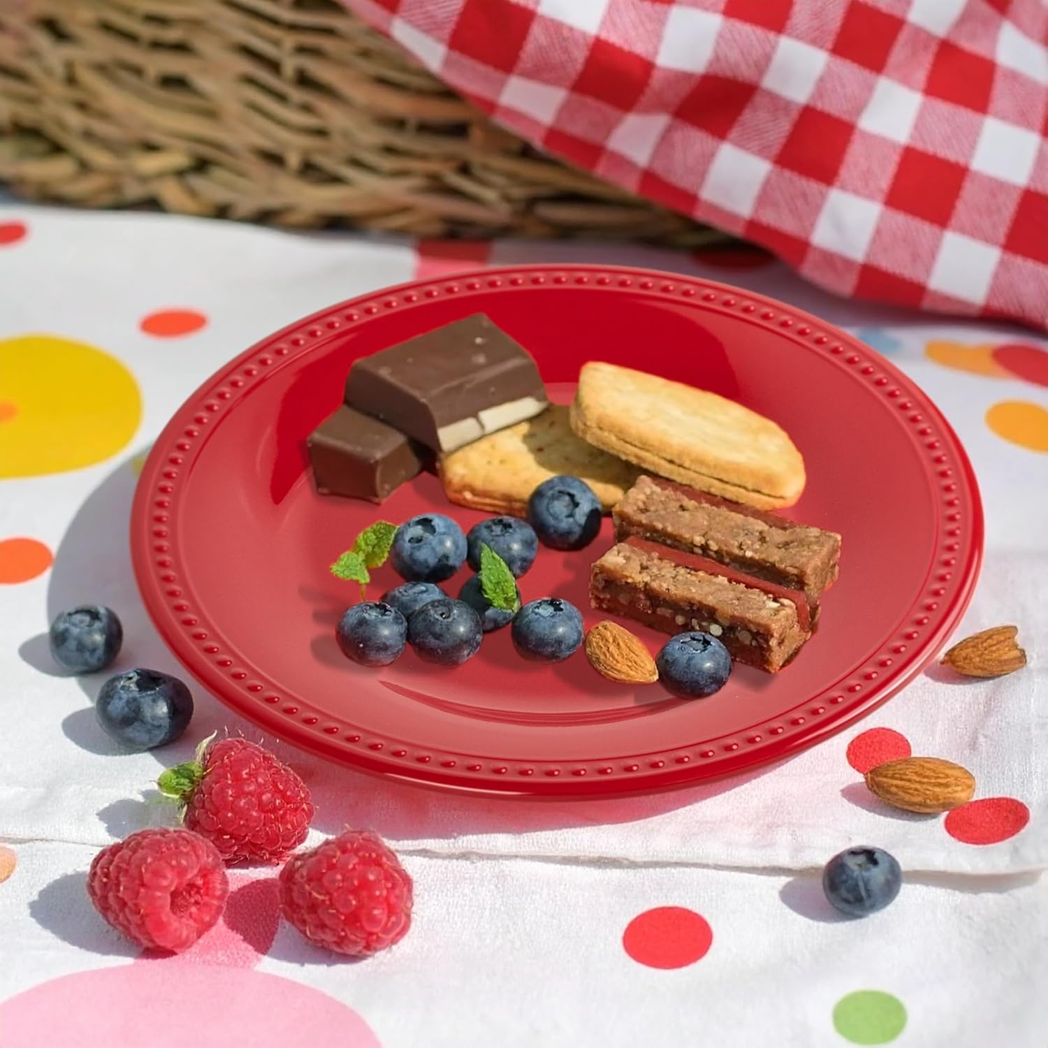 11 inch Red Melamine Plastic Beaded Dinner Plate Set of 6, BPA Free, Platter, Serving Dishes, Chip & Break Resistant, Lightweight, Great for Dining, Weddings & Everyday Meals