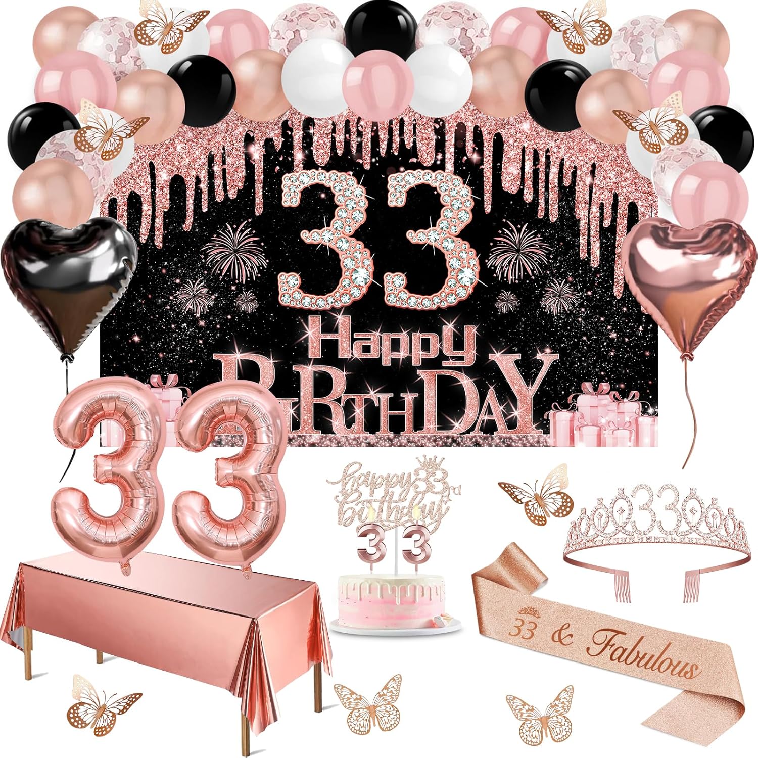 33rd Birthday Decorations for Women, 49pcs Black Rose Gold Black Happy 33rd Birthday Banner, Tablecloth, Butterfly Decor, Sash and Tiara, Cake Topper, Candles, Balloons Arch 33New