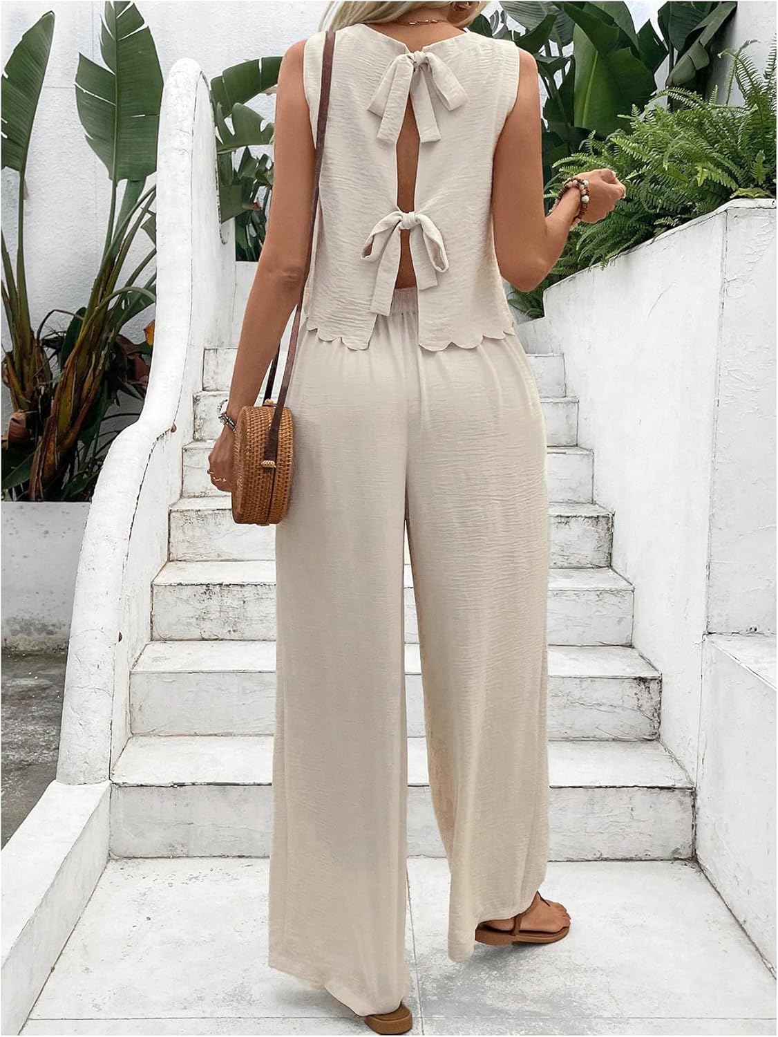 MakeMeChic Women's 2 Piece Linen Set Tank Tops and Pants Vacation Dressy Airport Set Outfit - Image 3