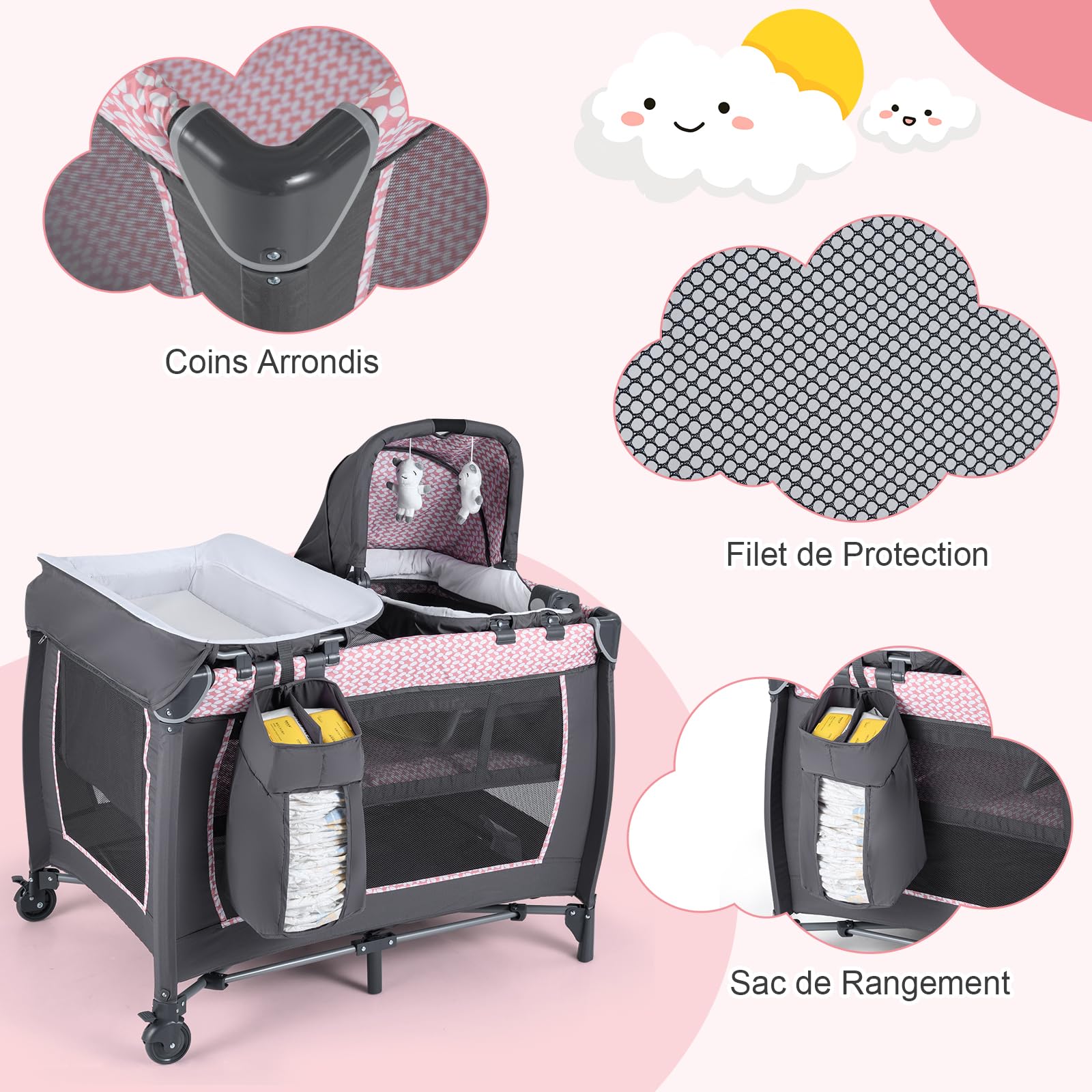 DREAMADE 5 en 1 Lit Parapluie Bébé 105,5 x 74 x 77 cm, Lit Cododo pour 0-36 Mois avec Matelas, Parc Pliable avec Couffin & Table à Langer & Sac de Transport & Roues Verrouillables (Rose)