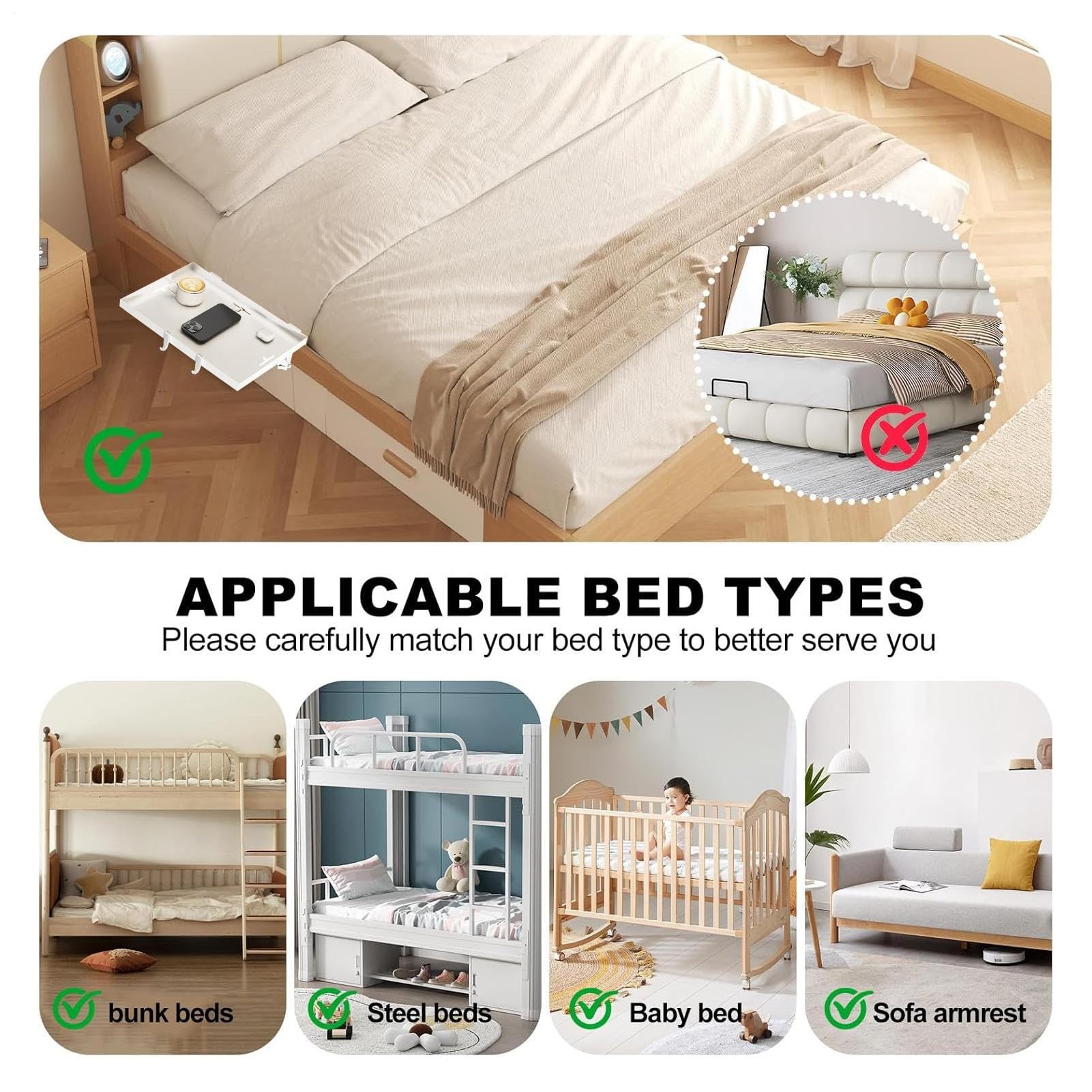 Faltbarer Nachttisch, Betttablett mit Clip, ansteckbare Nachttischregale, Nachttisch mit Clip und Kabelmanagement für Zuhause, Schlafzimmer, Wohnung