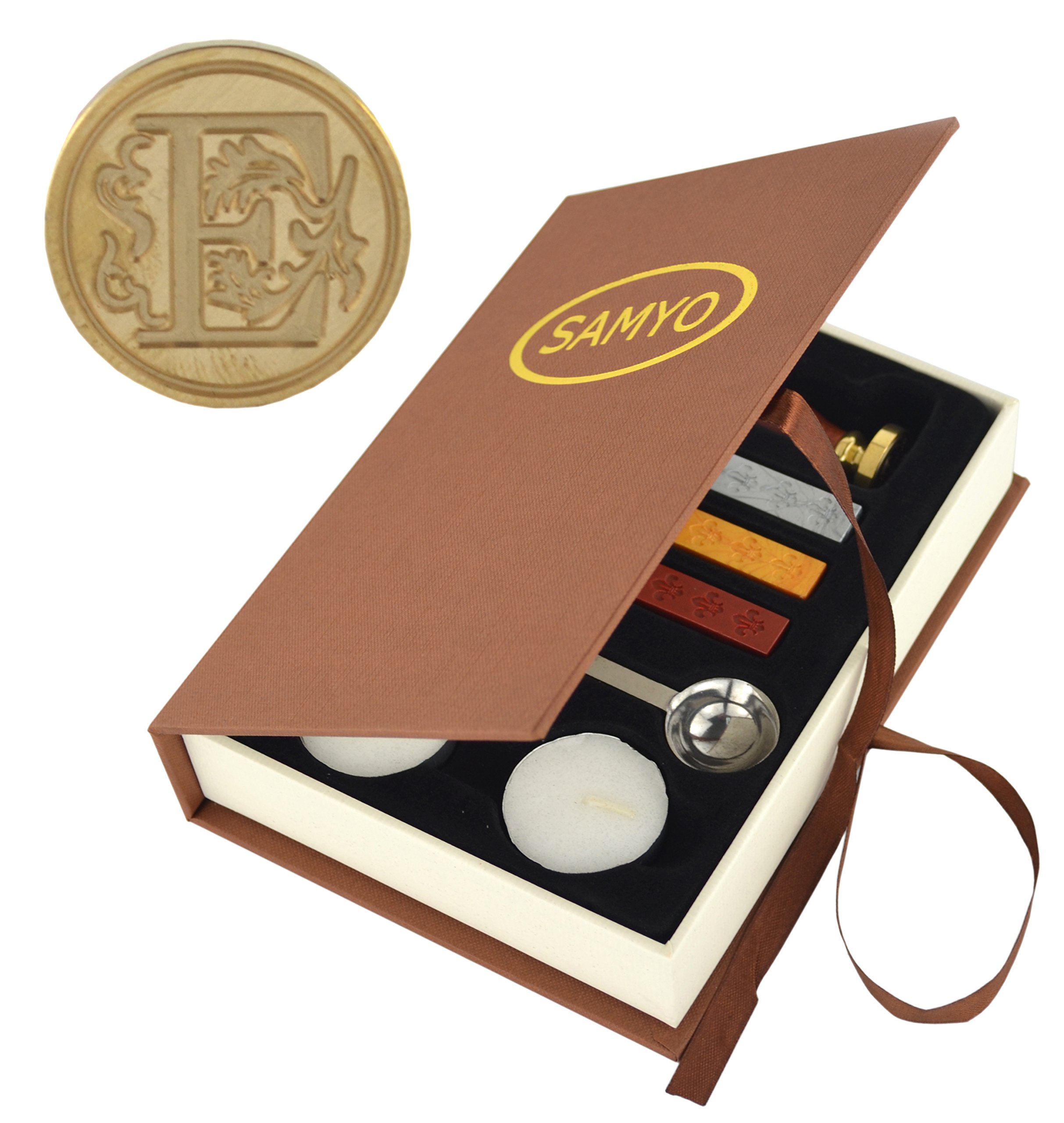 SAMYOWax Seal Stamp Kit Retro Creative Sealing Wax Stamp Maker Gift Box Set Brass Color Head with Vintage Classic Alphabet Initial Letter (E)