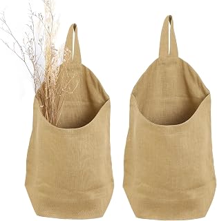100% Linen Hanging Storage Bags Baskets 2 Pcs, Small Wall Storage Bag for Kitchen, Bedroom, RV Camper Organizer, Sewing Room, Nursery Storage, Kids Room, Dark Yellow